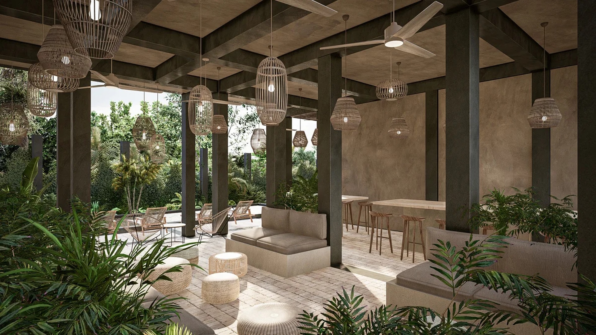 Image of a Outdoor Lounge, featuring Covered Terrace and Tropical Design.