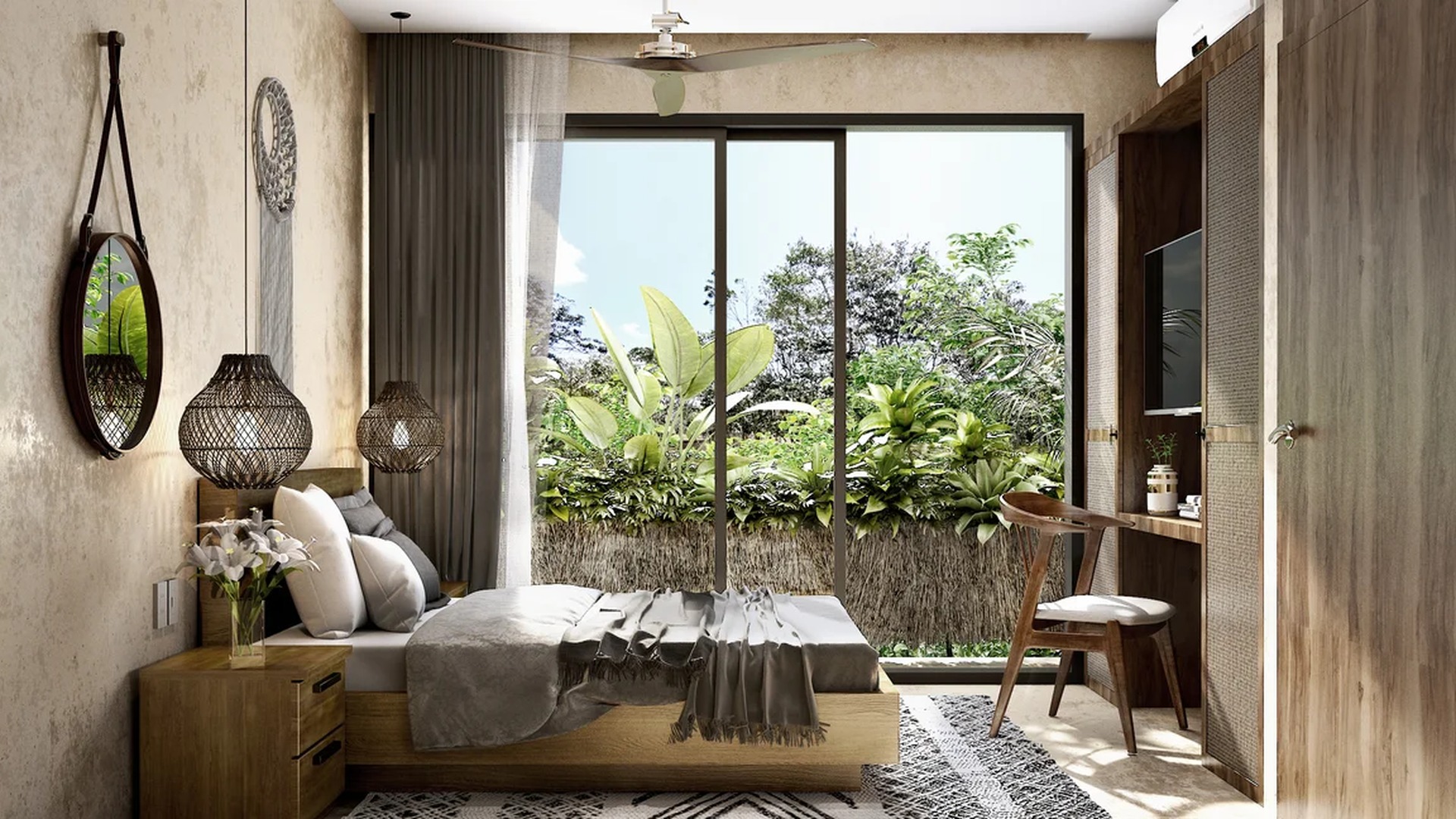 Image of a Bohemian-Style Bedroom, featuring Garden View and Sliding Glass Doors.