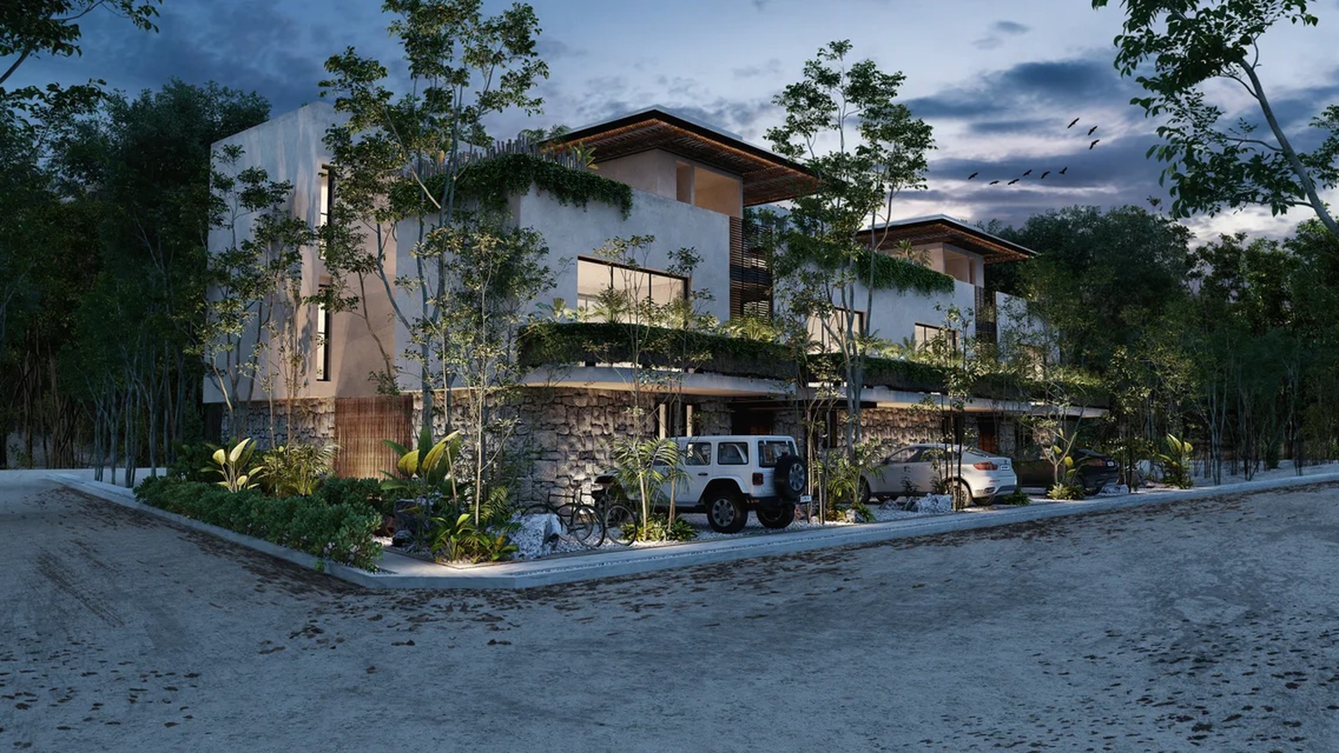 Image of a Modern Townhouses, featuring Jungle Setting and Stone Facade.