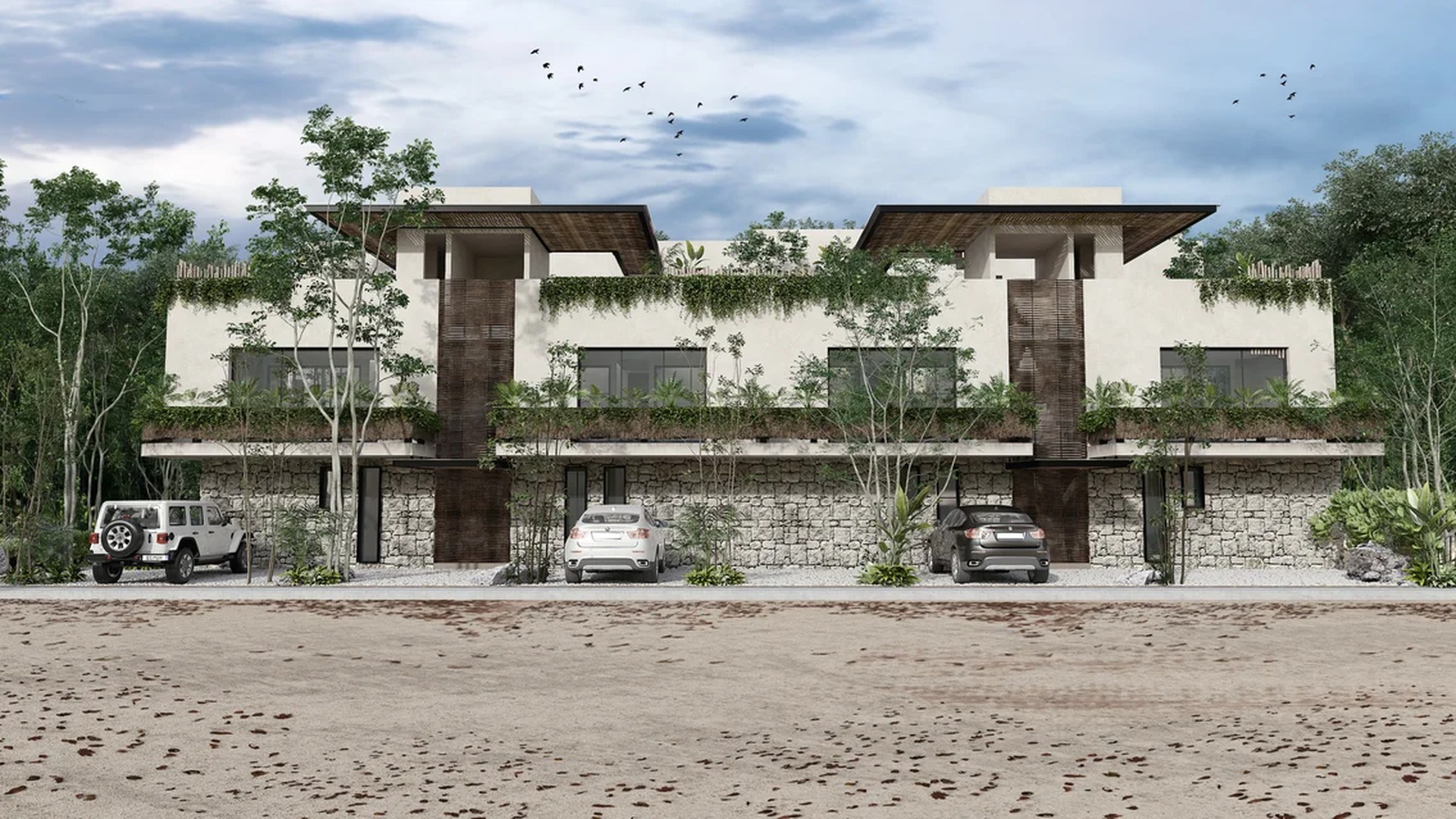 Image of a Modern Townhouses, featuring Stone Facade and Contemporary Architecture.