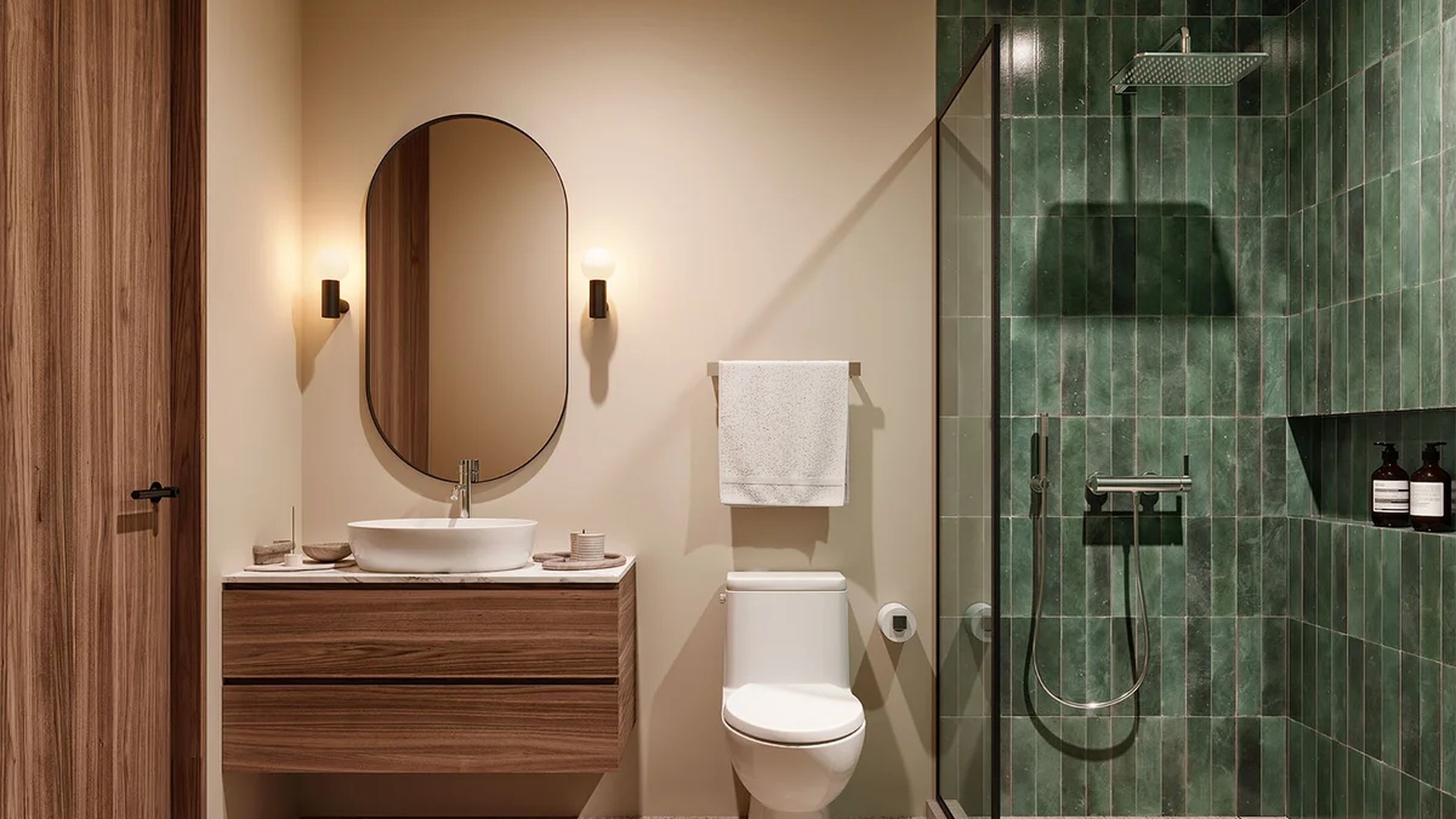 Image of a Modern Bathroom, featuring Walk-in Shower and Rainfall Shower Head.