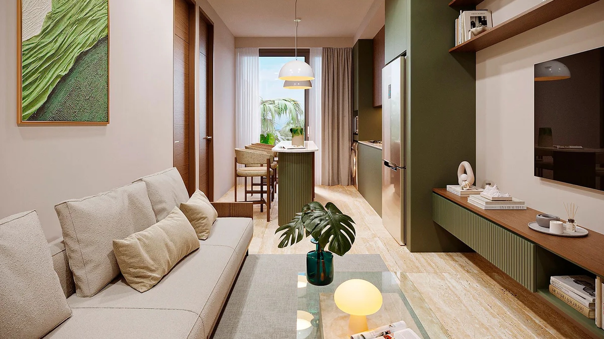 Image of a Open Concept Living, featuring Modern Kitchenette and Breakfast Bar.