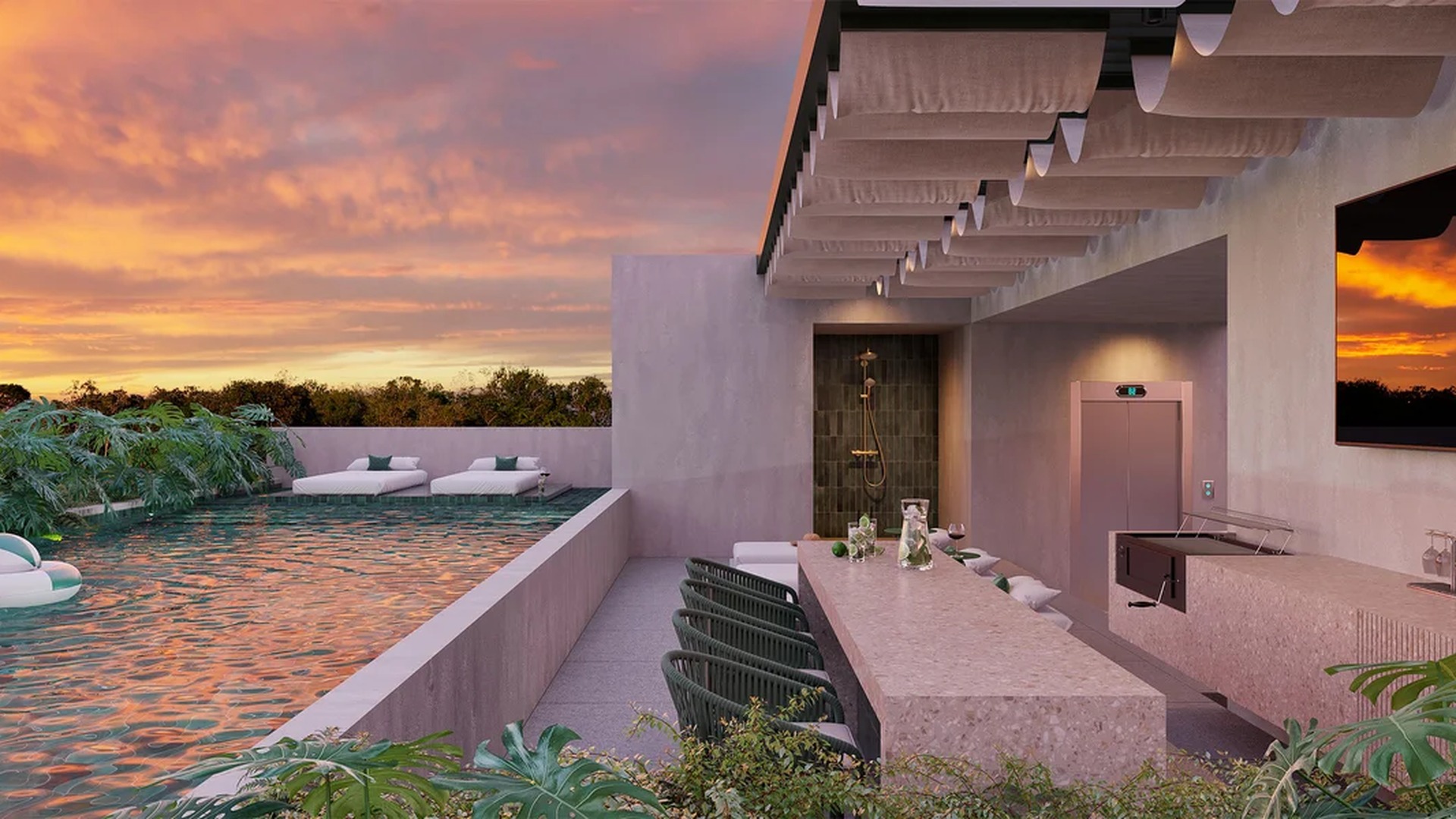 Image of a Rooftop Pool, featuring Sunset View Terrace and Outdoor Kitchen & Bar.