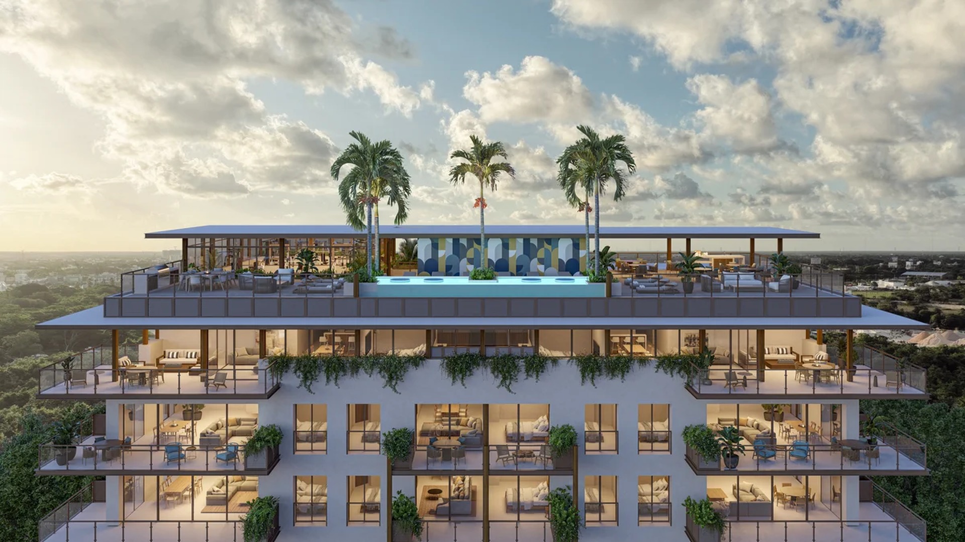 Image of a Rooftop Pool Deck, featuring Luxury Condominiums and Private Balconies.