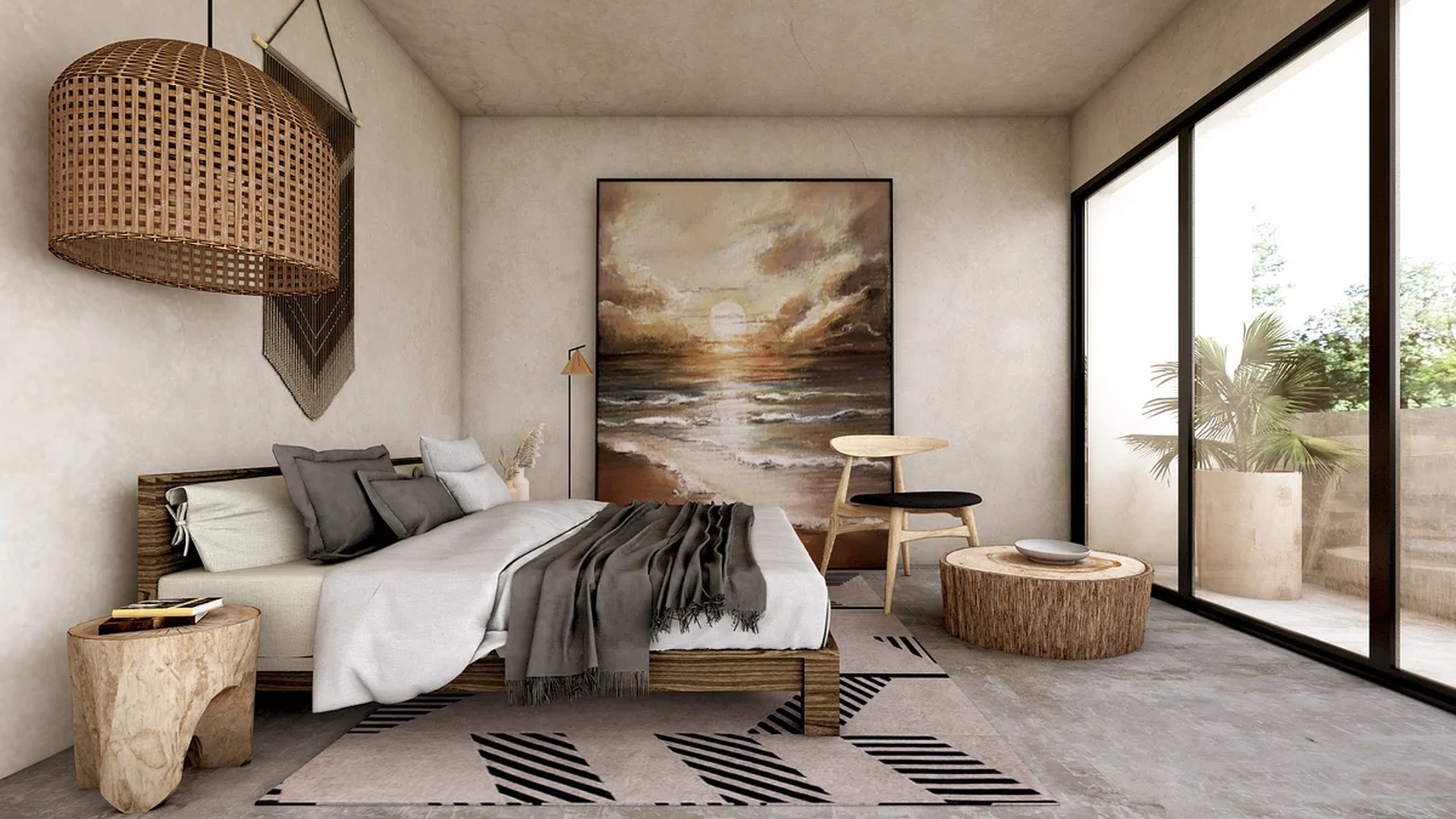 Image of a Bedroom, featuring Wabi-Sabi Style and Polished Concrete Floors.