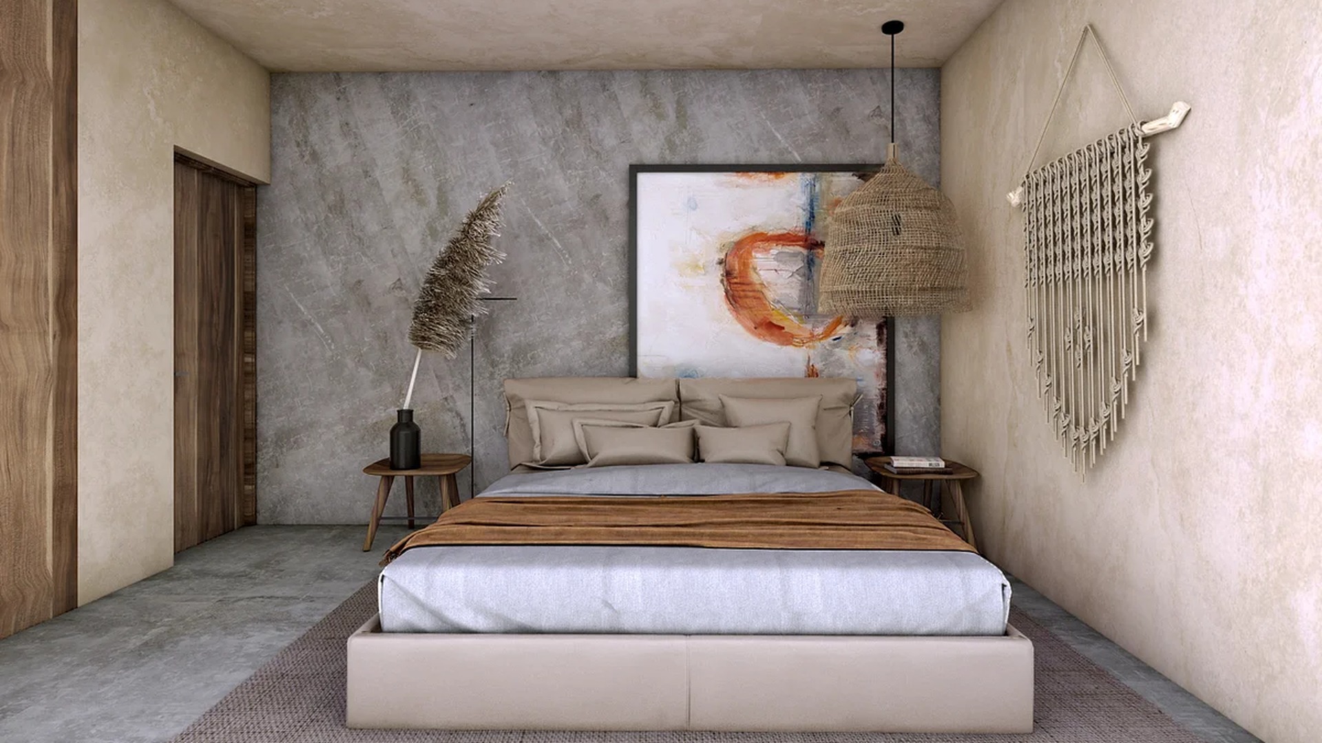 Image of a Bedroom, featuring Bohemian Decor and Concrete Accent Wall.