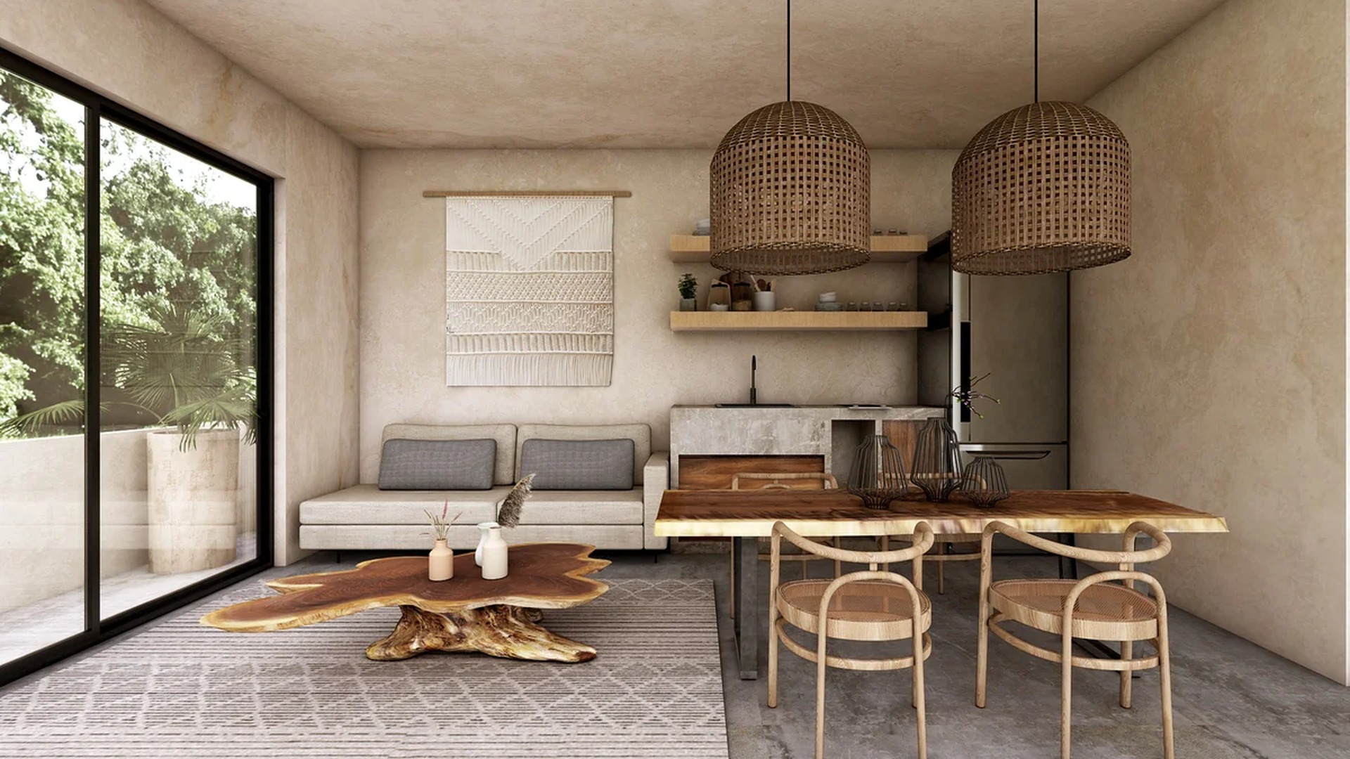 Image of a Open-Concept Living, featuring Bohemian Decor and Textured Plaster Walls.