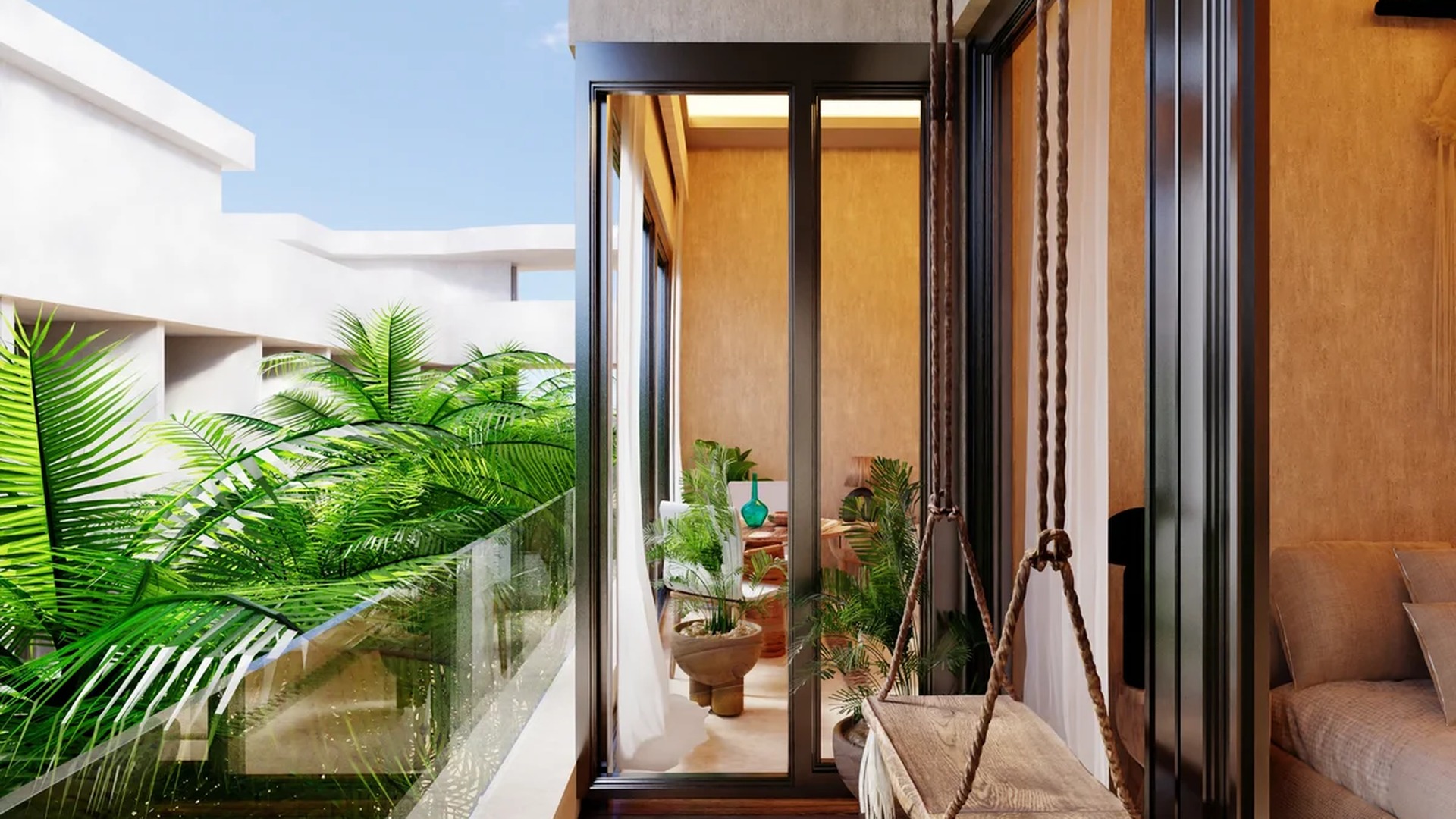 Image of a Private Balcony, featuring Hanging Swing Chair and Wood Decking.