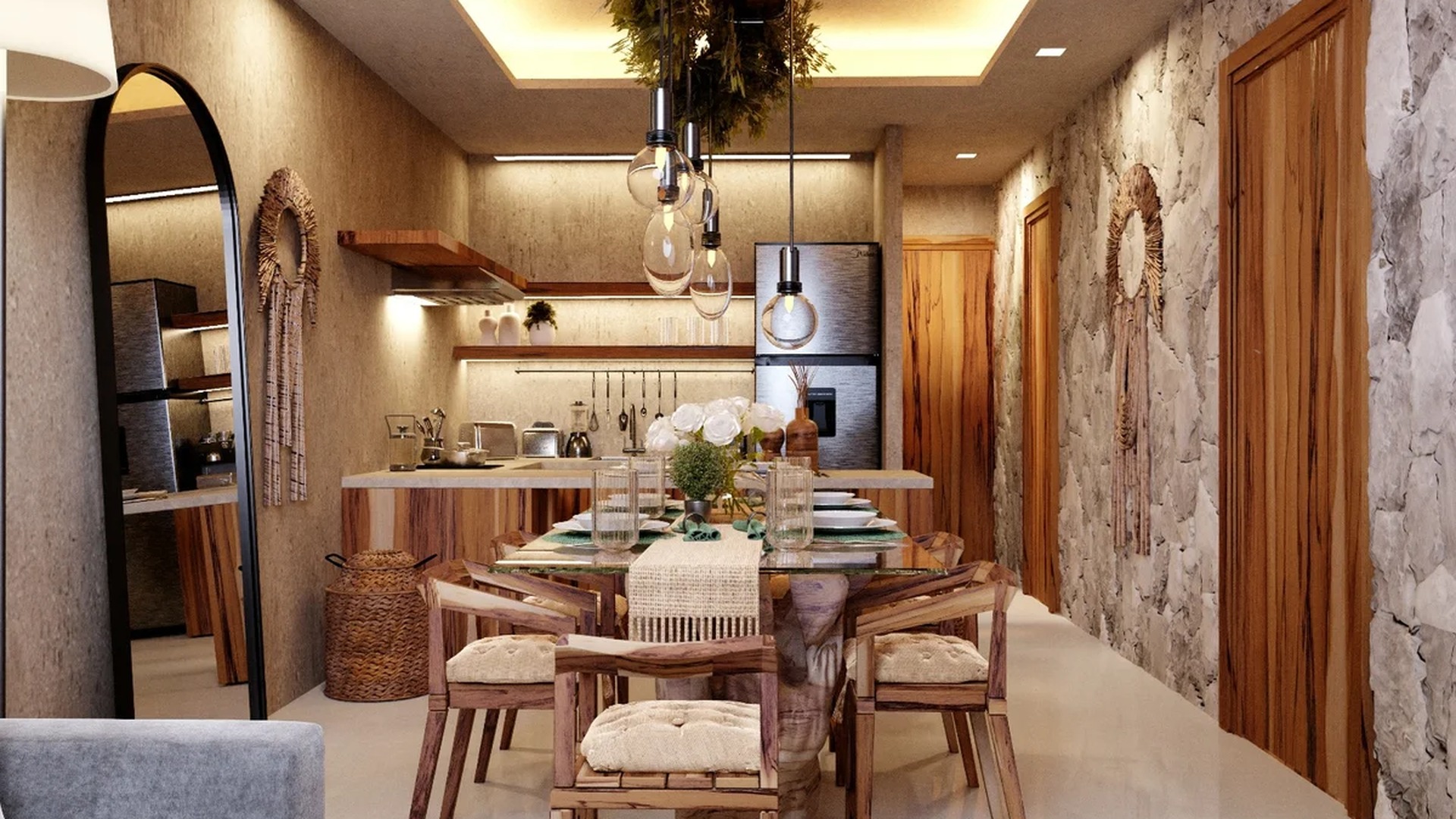 Image of a Dining Area, featuring Open-Plan Living and Stone Accent Wall.