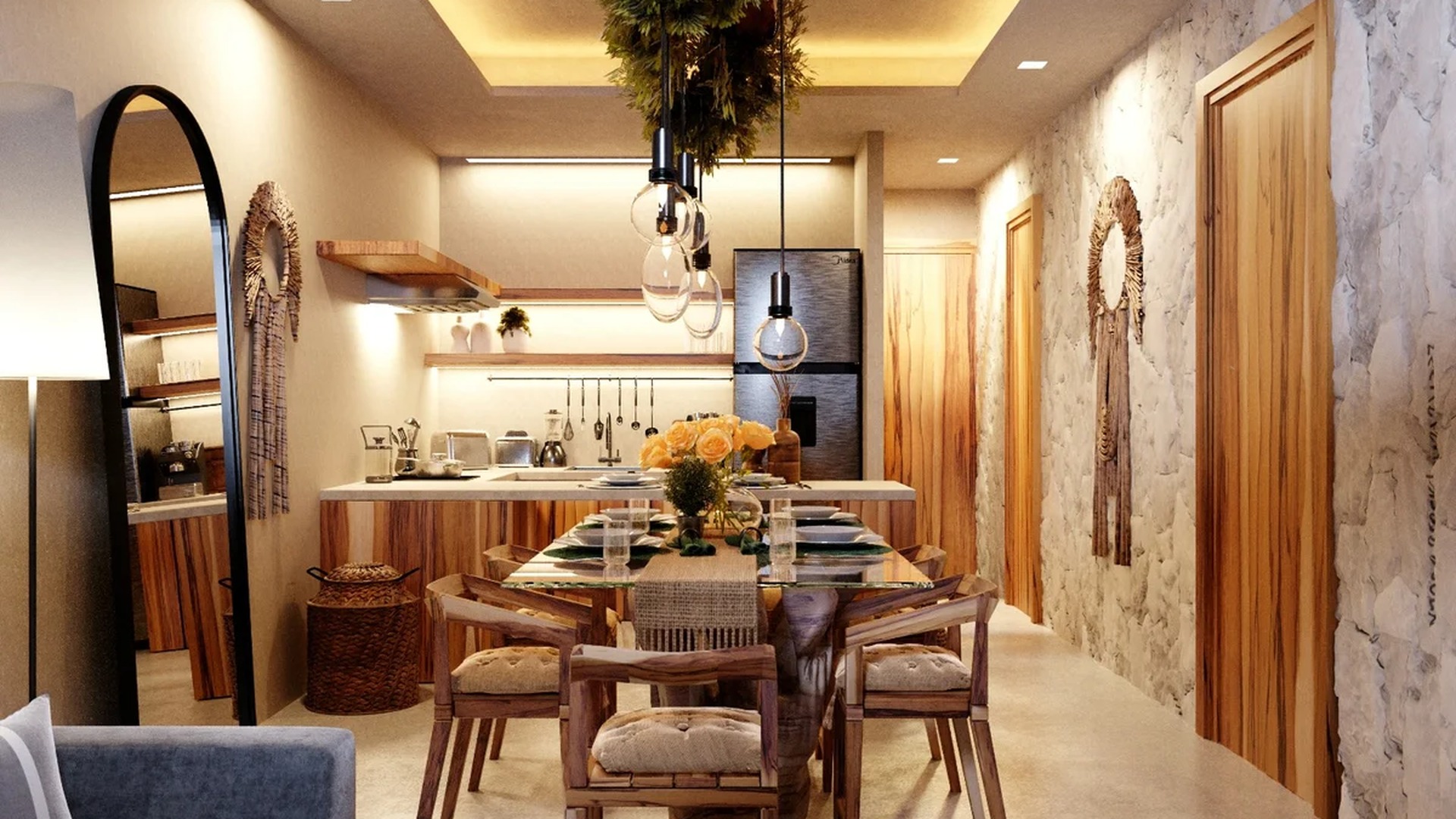 Image of a Open-Concept Living, featuring Stone Accent Wall and Natural Wood Cabinetry.