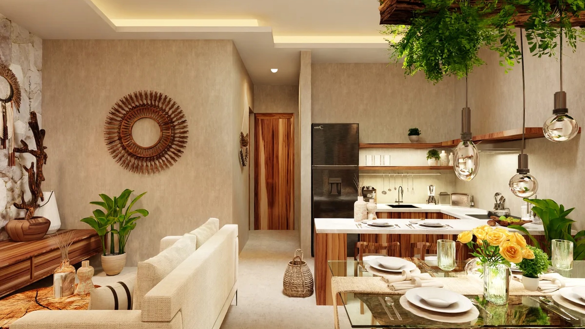 Image of a Open Concept Living, featuring Bohemian Decor and Natural Wood Finishes.