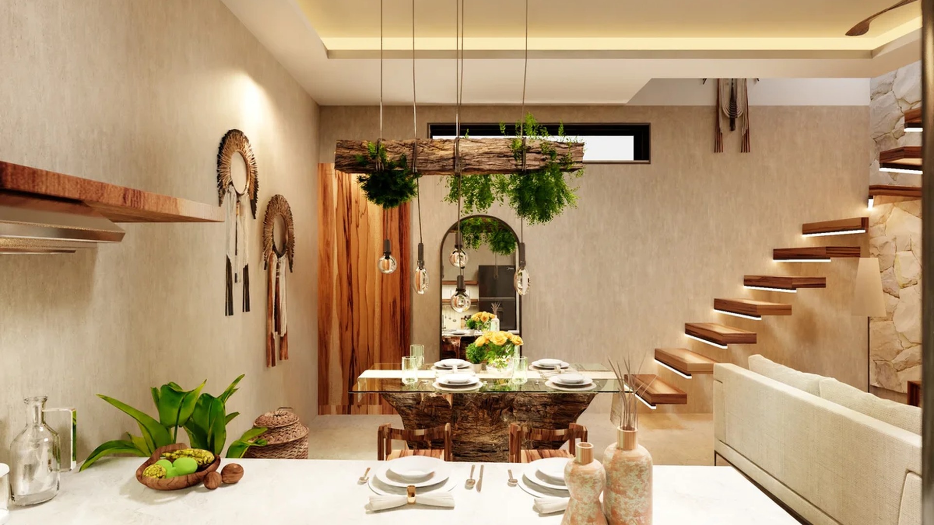 Image of a Open-Concept Living, featuring Kitchen Island and Marble Countertops.