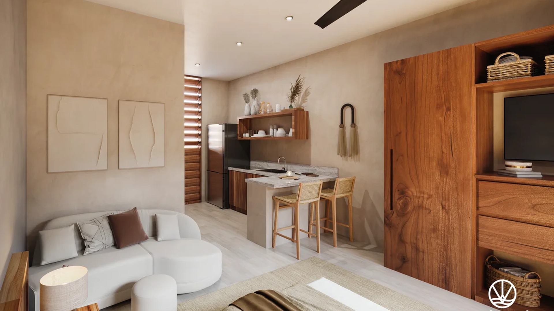 Image of a Studio Apartment, featuring Kitchenette and Breakfast Bar.