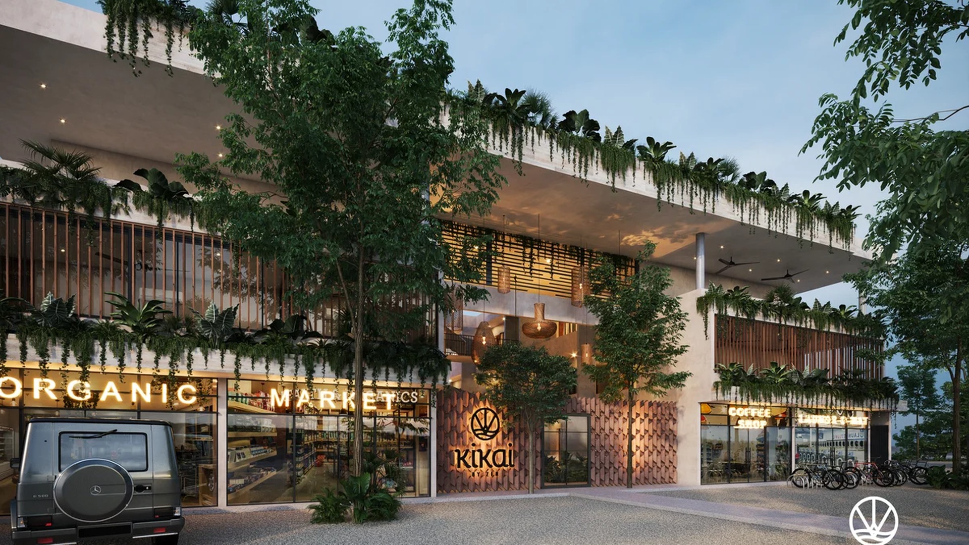 Image of a Modern Architecture, featuring Lush Greenery and Mixed-Use Development.