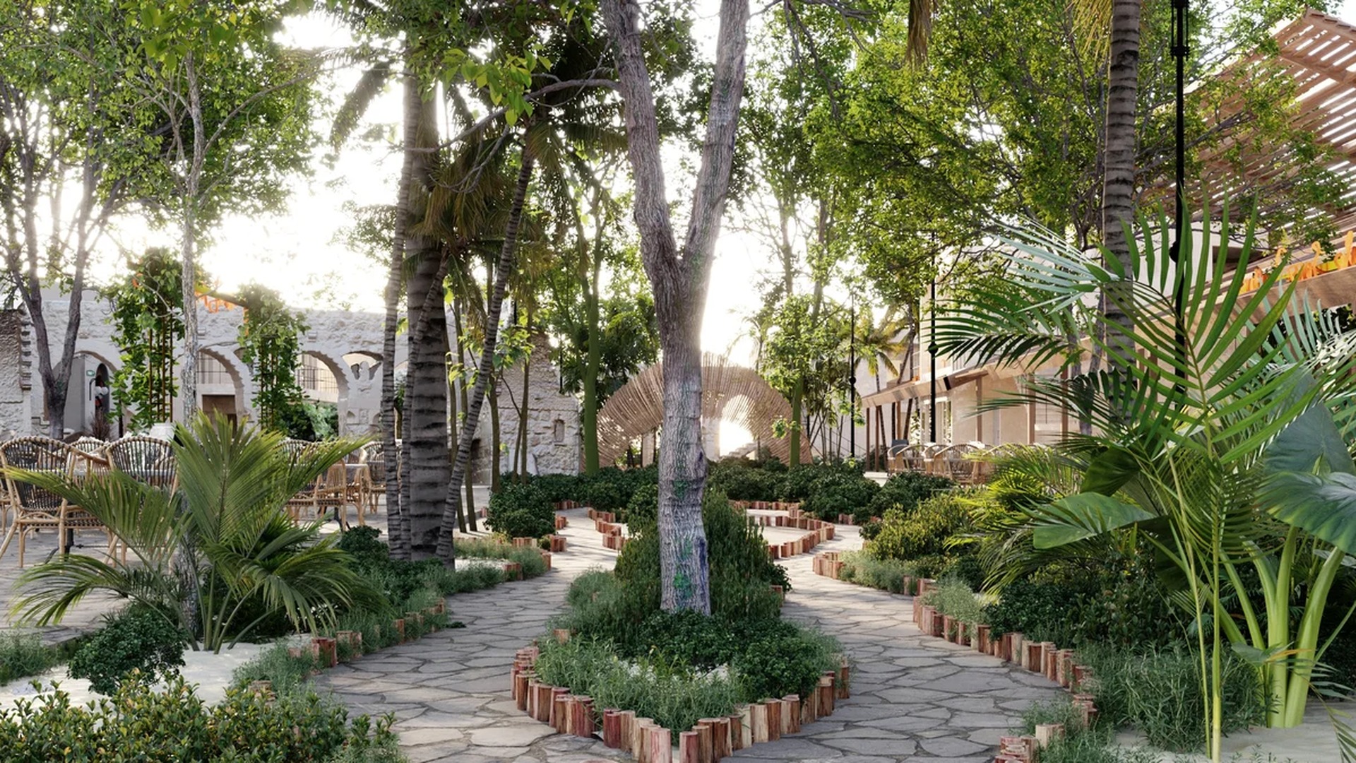 Image of a Lush Garden, featuring Tropical Landscaping and Stone Pathways.