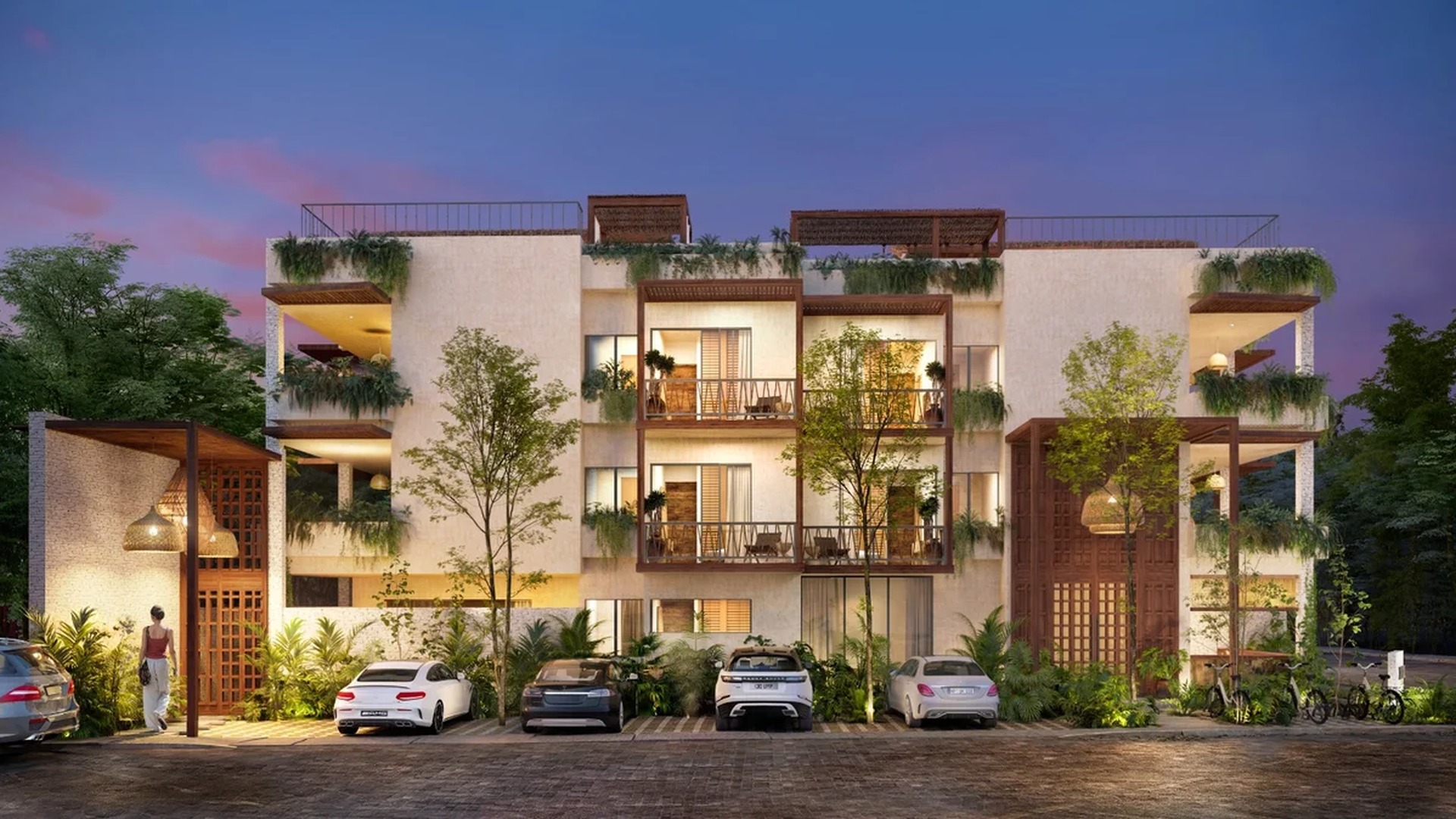 Image of a Modern Tropical Architecture, featuring Private Balconies and Lush Landscaping.