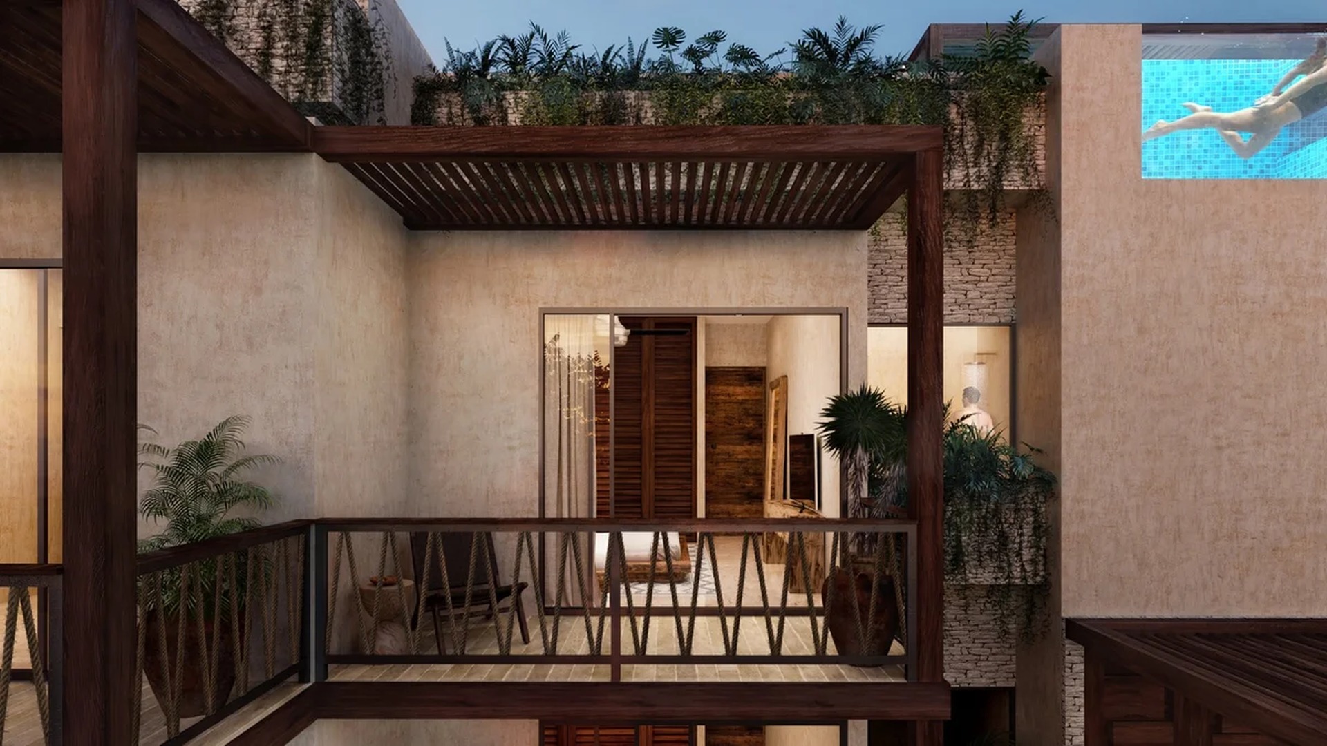 Image of a Rooftop Pool, featuring Private Balcony and Wooden Pergola.
