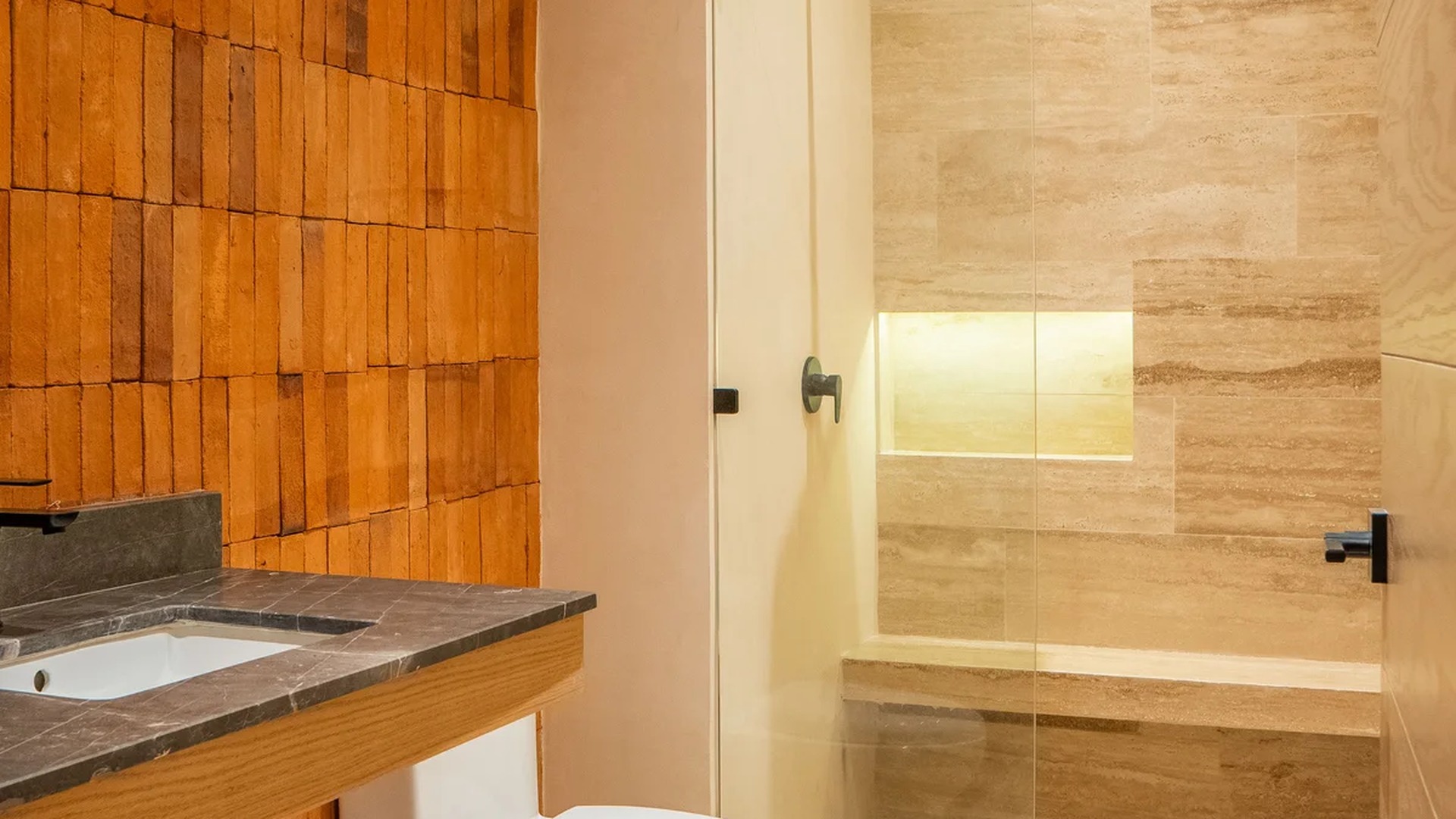 Image of a Modern Bathroom, featuring Walk-in Shower and Rain Shower Head.