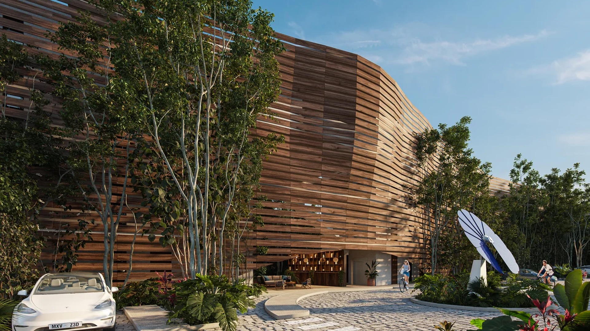 Image of a Modern Architecture, featuring Wood-Clad Facade and Lush Landscaping.