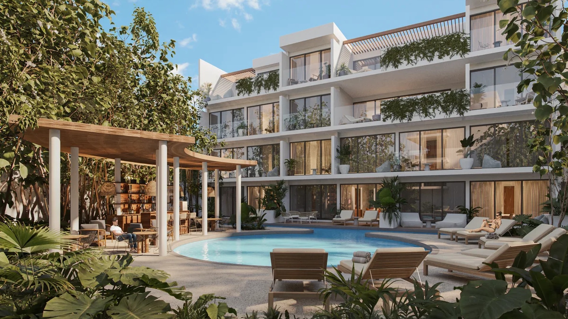 Image of a Resort-Style Pool, featuring Lush Garden and Modern Apartments.