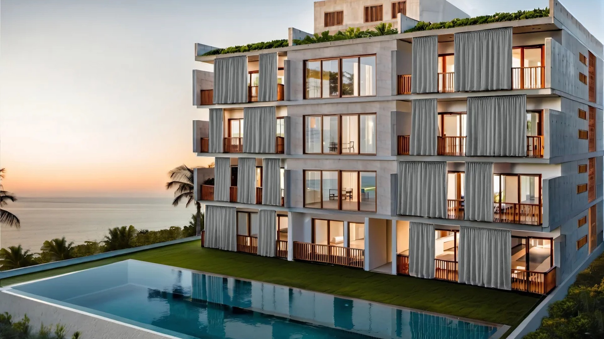 Image of a Modern Architecture, featuring Ocean View Balconies and Infinity Pool.