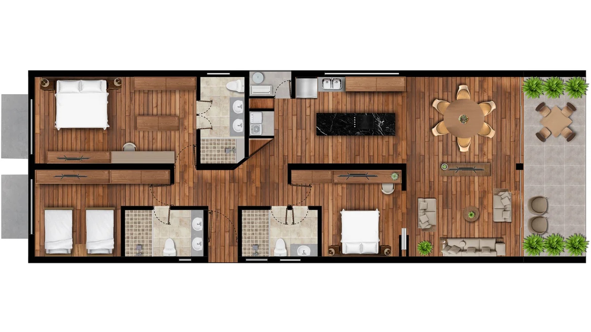 Image of a Three-Bedroom Floor Plan, featuring Open-Concept Living and Hardwood Floors.