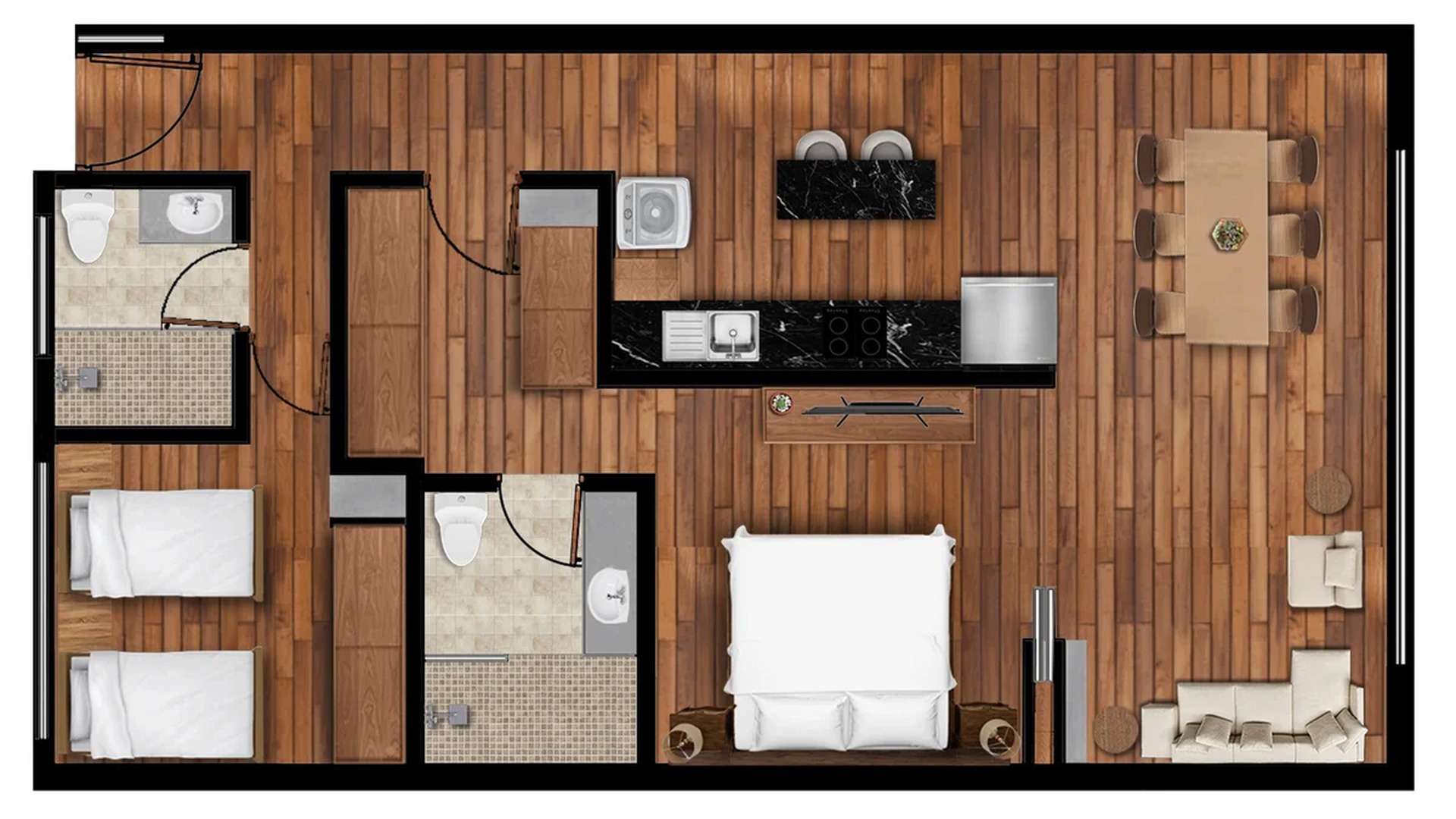 Image of a Two-Bedroom Apartment, featuring Open Concept Layout and Wood Flooring.