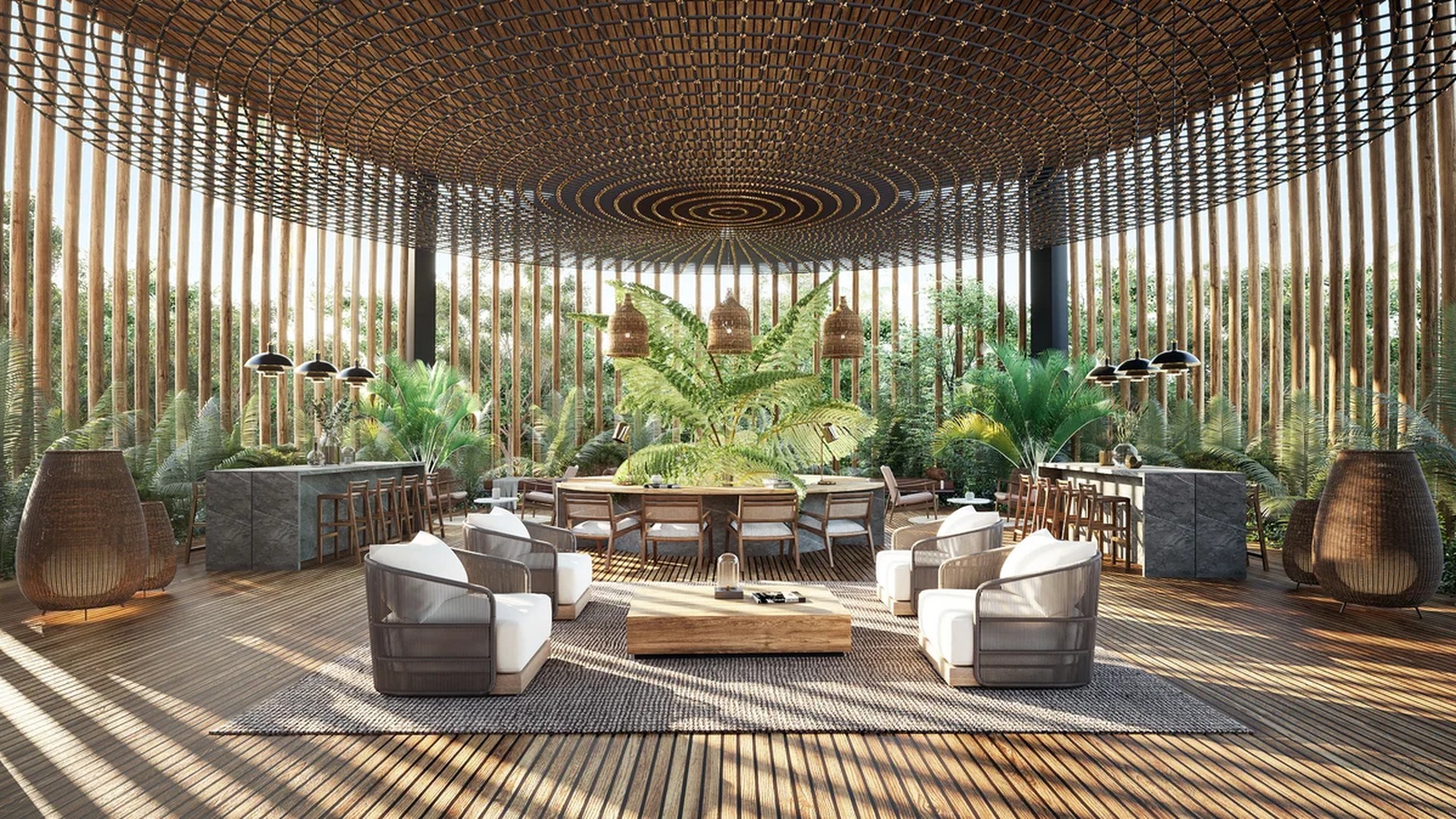 Image of a Clubhouse Pavilion, featuring Open-Air Design and Woven Architectural Ceiling.