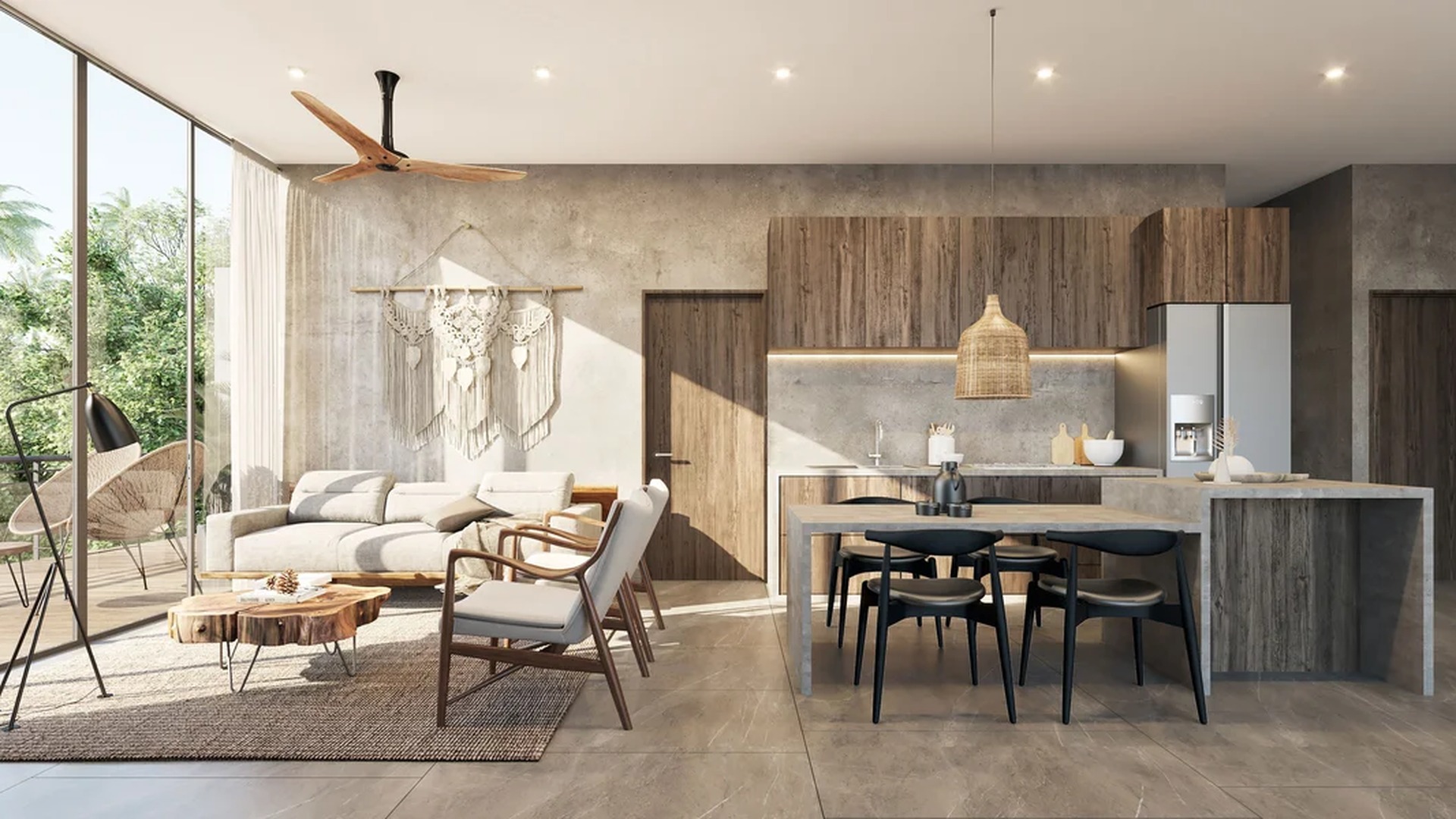 Image of a Open-Concept Living, featuring Floor-to-Ceiling Windows and Modern Kitchen.