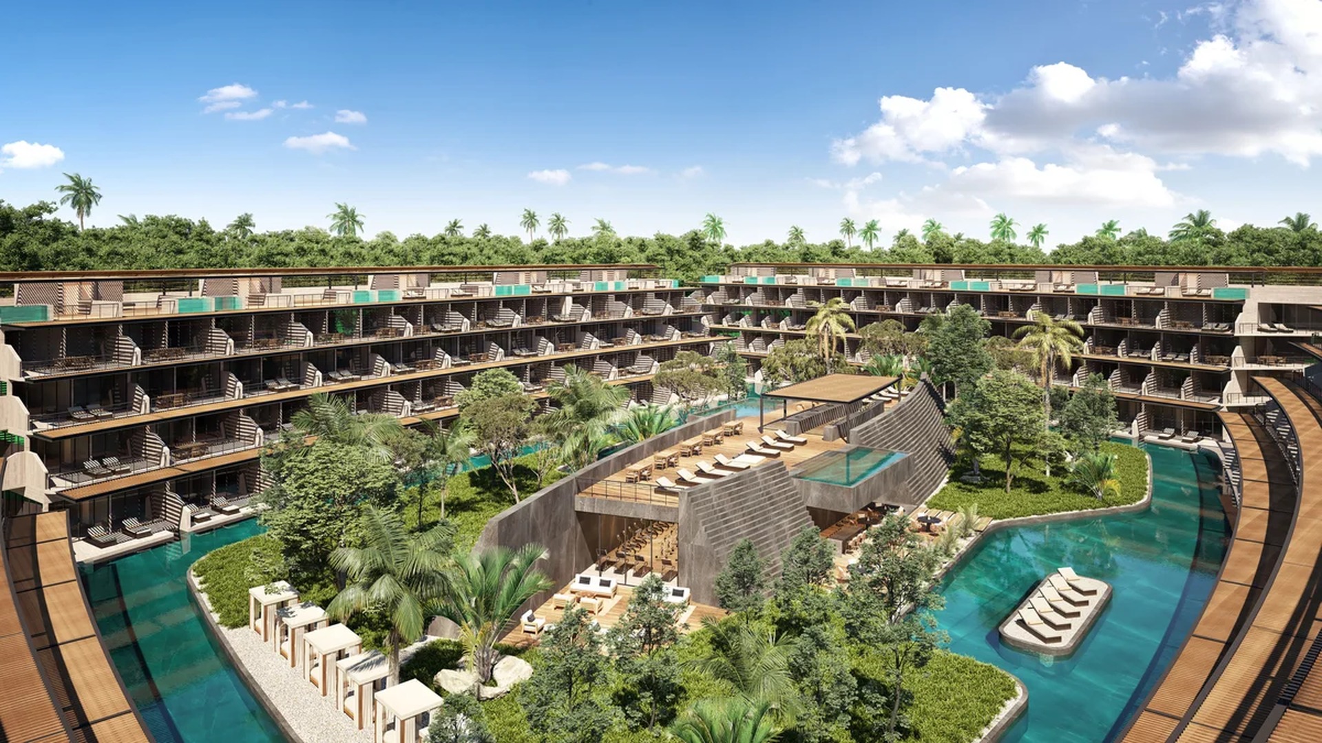 Image of a Tropical Resort, featuring Modern Architecture and Multiple Swimming Pools.