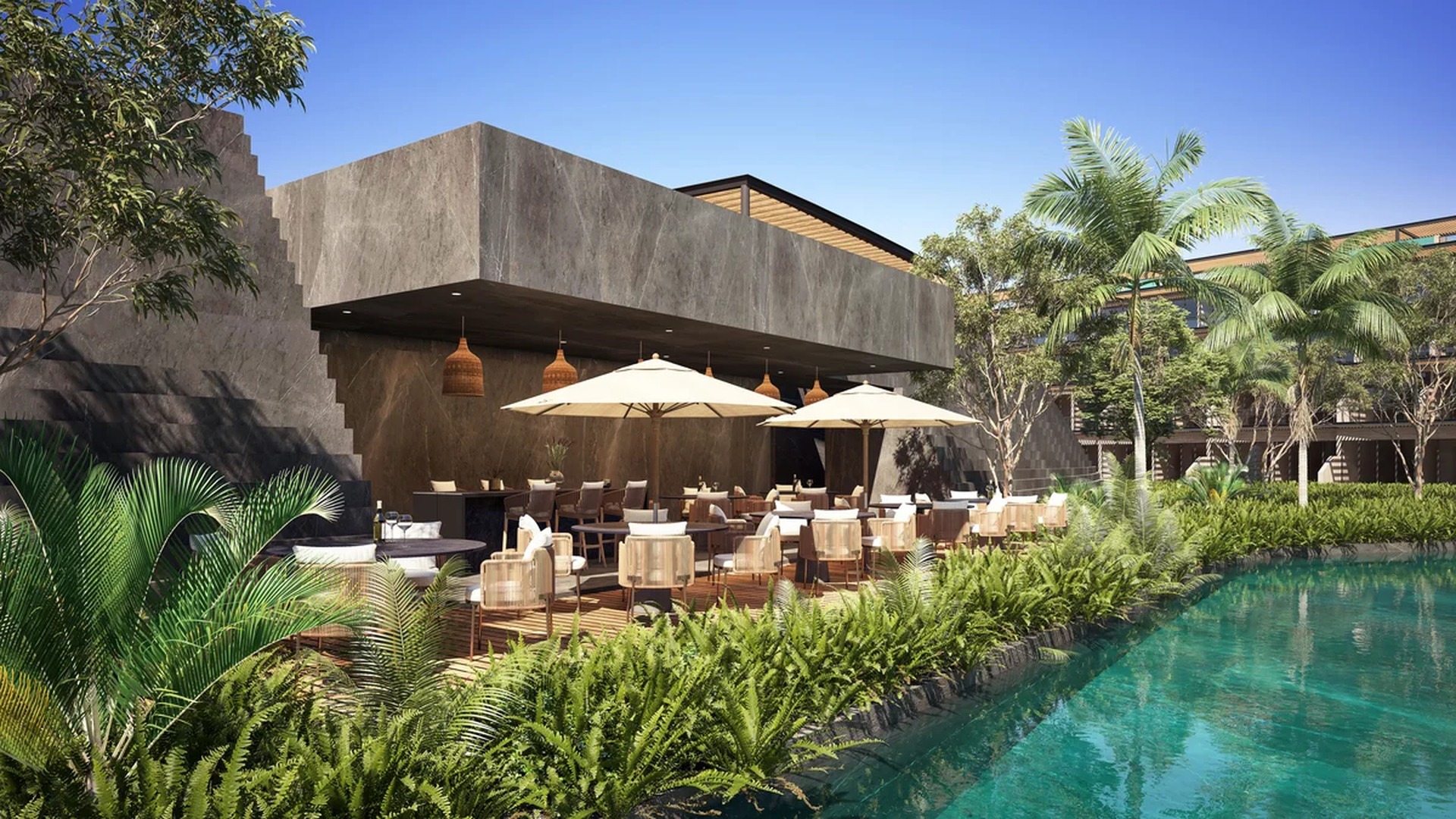 Image of a Outdoor Dining Terrace, featuring Poolside Restaurant and Modern Architecture.