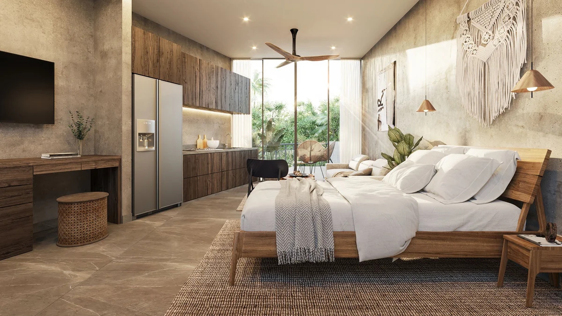 Image of a Studio Apartment, featuring Modern Bohemian Decor and Floor-to-Ceiling Windows.