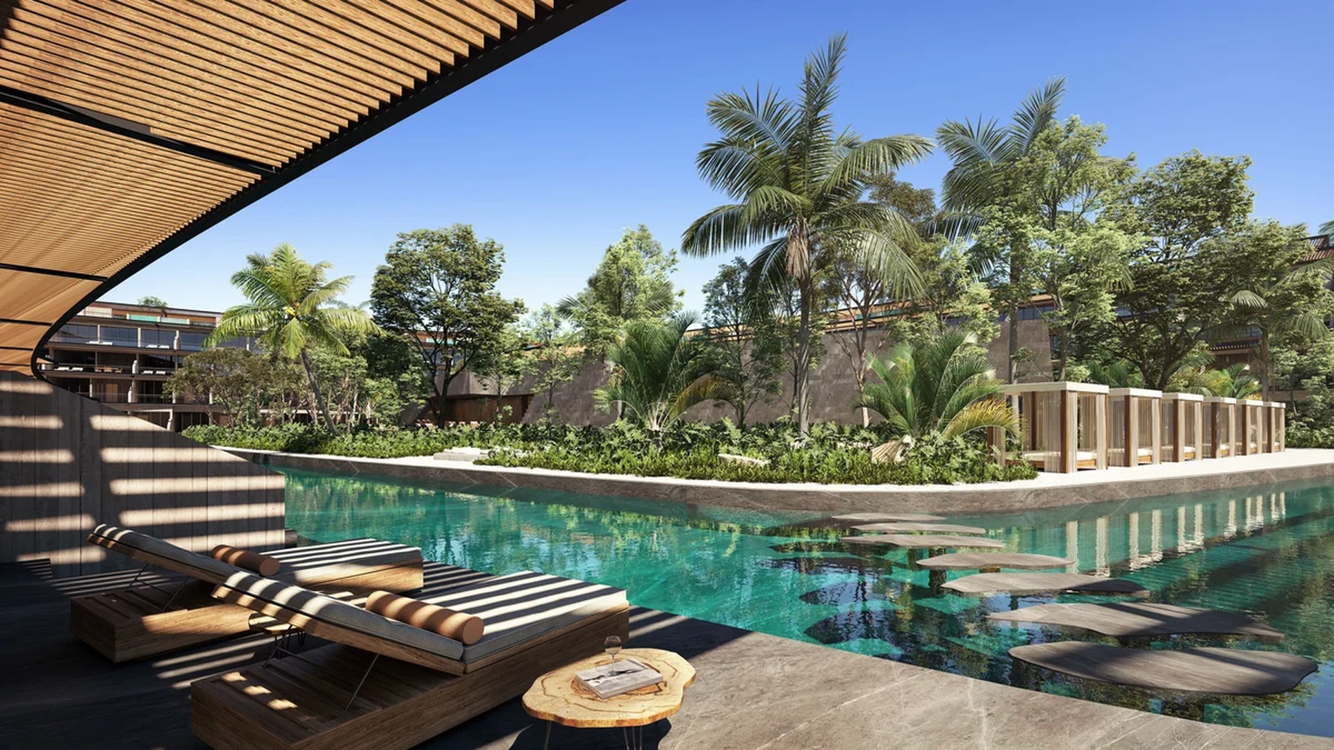 Image of a Resort-Style Pool, featuring Lush Garden and Poolside Cabanas.