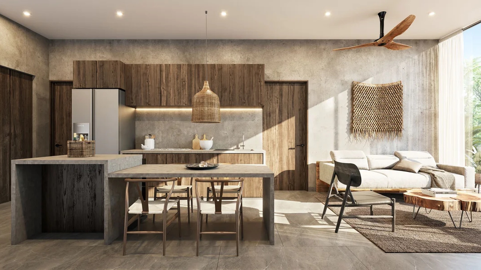 Image of a Open-Concept Living, featuring Modern Kitchen and Concrete Accent Walls.
