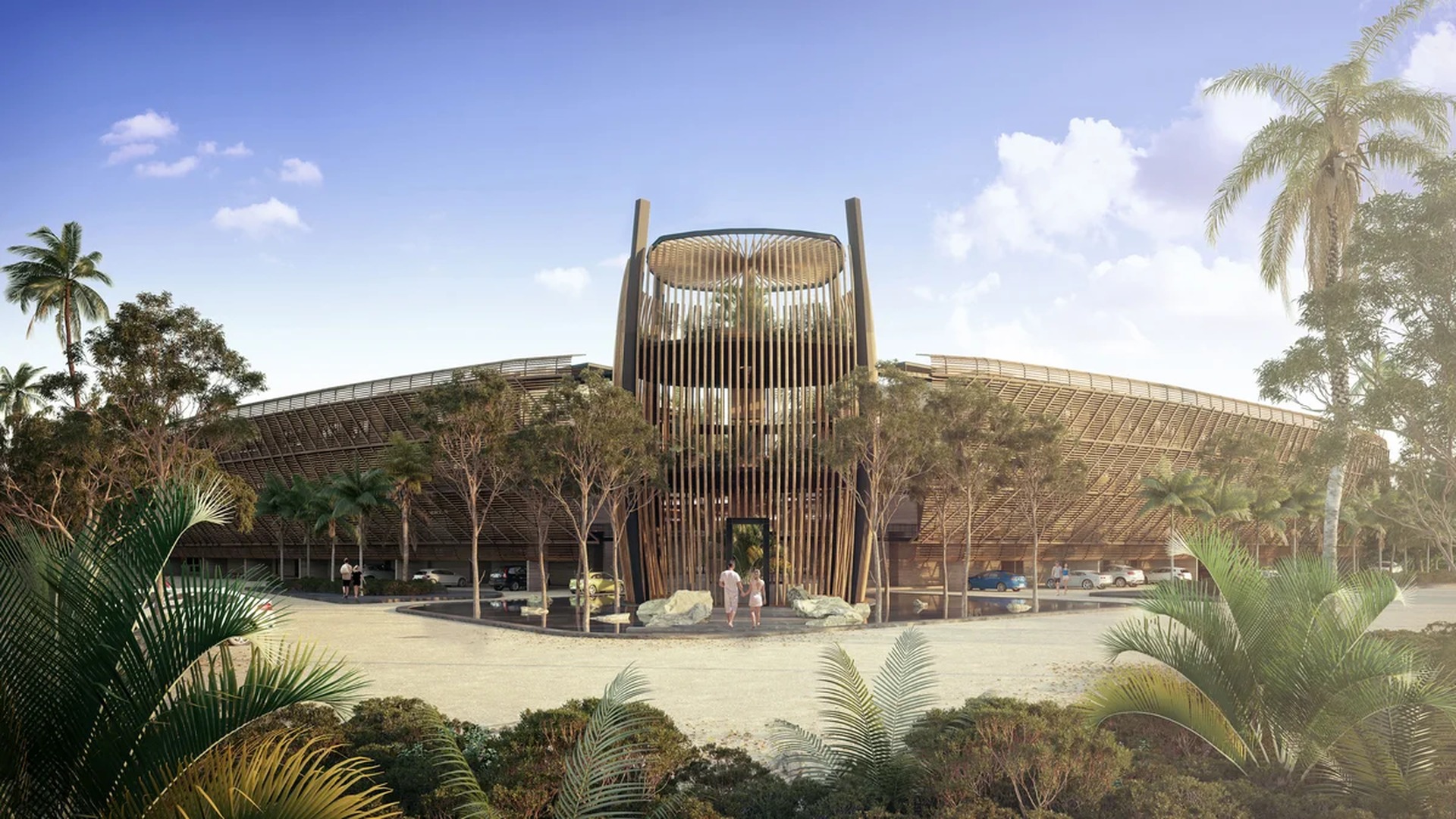Image of a Modern Architectural Design, featuring Wood Slat Facade and Tropical Landscaping.