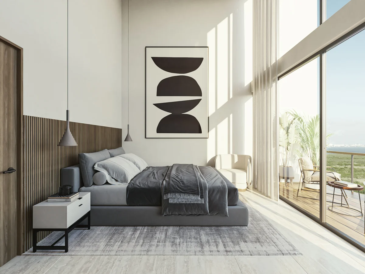 Image of a Modern Bedroom, featuring Ocean View and Private Balcony.