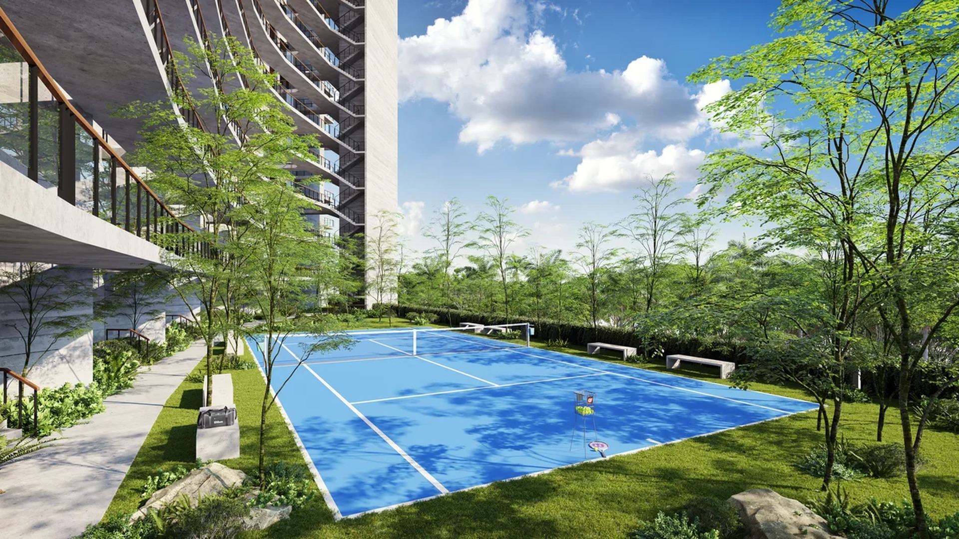 Image of a Tennis Court, featuring Lush Landscaping and Modern Architecture.