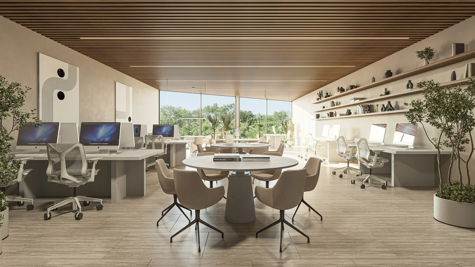 Image of a Modern Coworking Space, featuring Wood Slat Ceiling and Floor-to-Ceiling Windows.