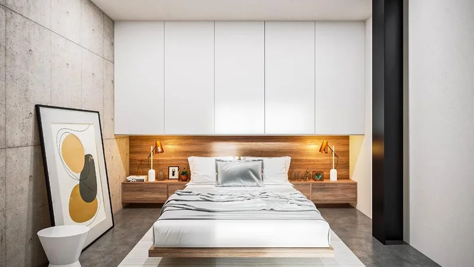 Image of a Modern Bedroom, featuring Industrial Chic Design and Concrete Accent Wall.
