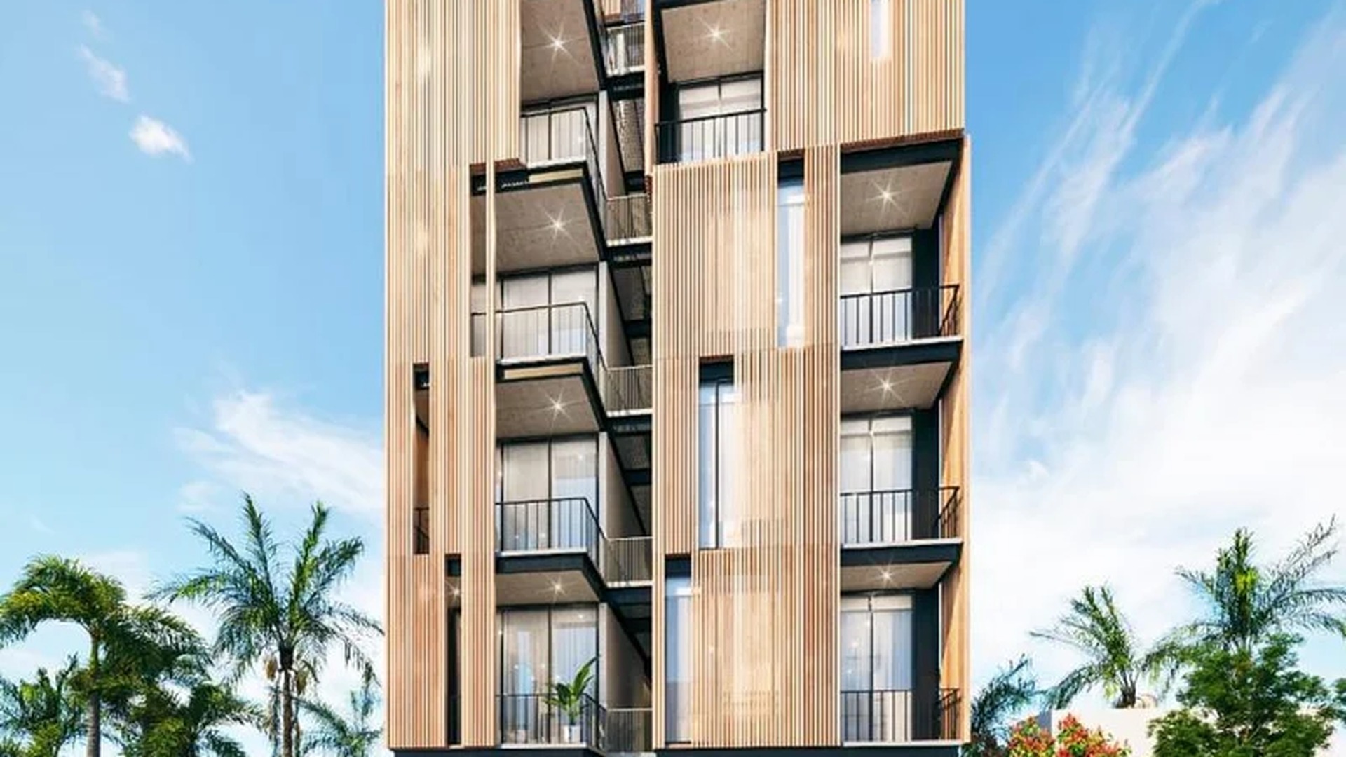 Image of a Modern Architecture, featuring Wood Slat Facade and Private Balconies.