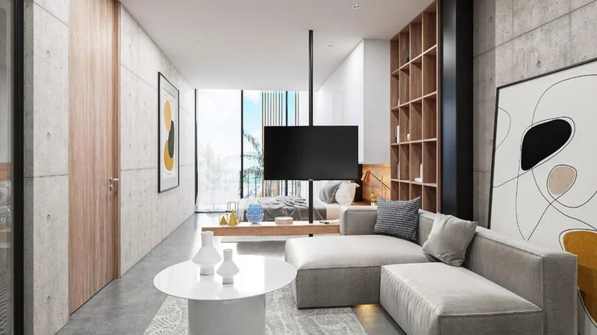 Image of a Open-Plan Living, featuring Studio Apartment and Exposed Concrete Walls.