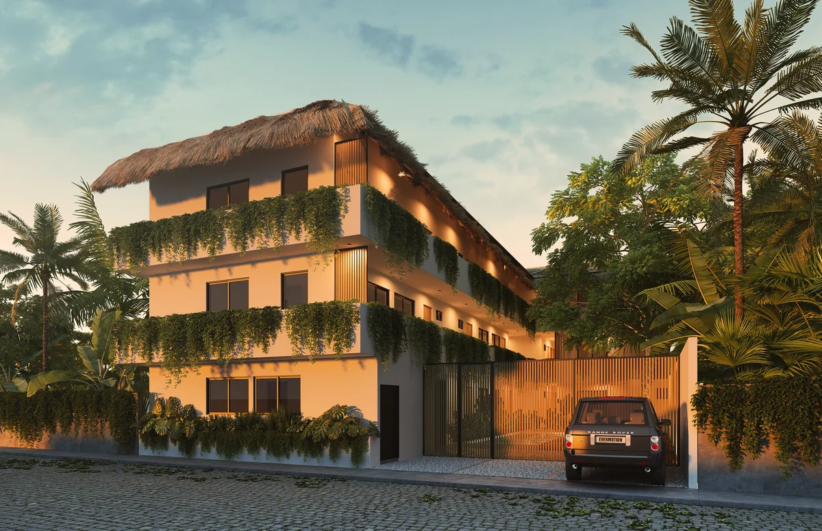 Image of a Tropical Modern Architecture, featuring Thatch Palapa Roof and Lush Greenery Facade.