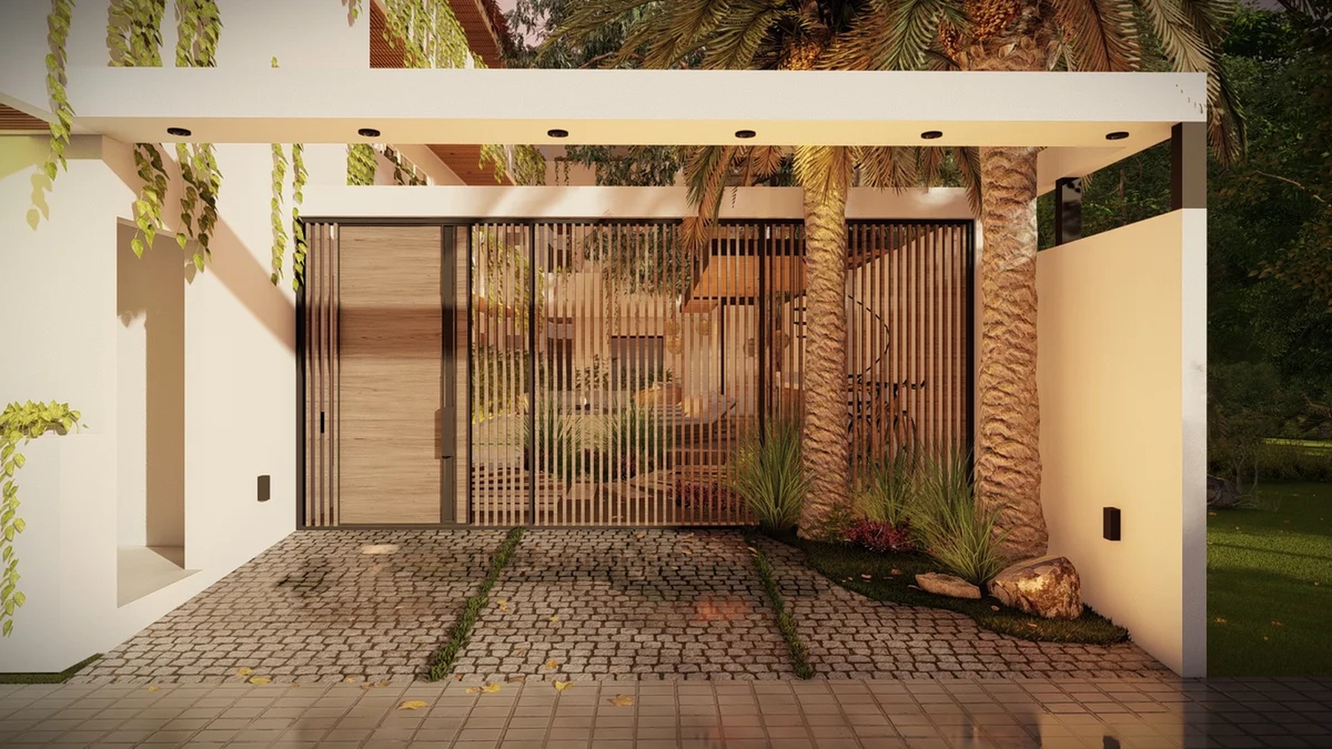 Image of a Gated Entrance, featuring Modern Architecture and Cobblestone Driveway.
