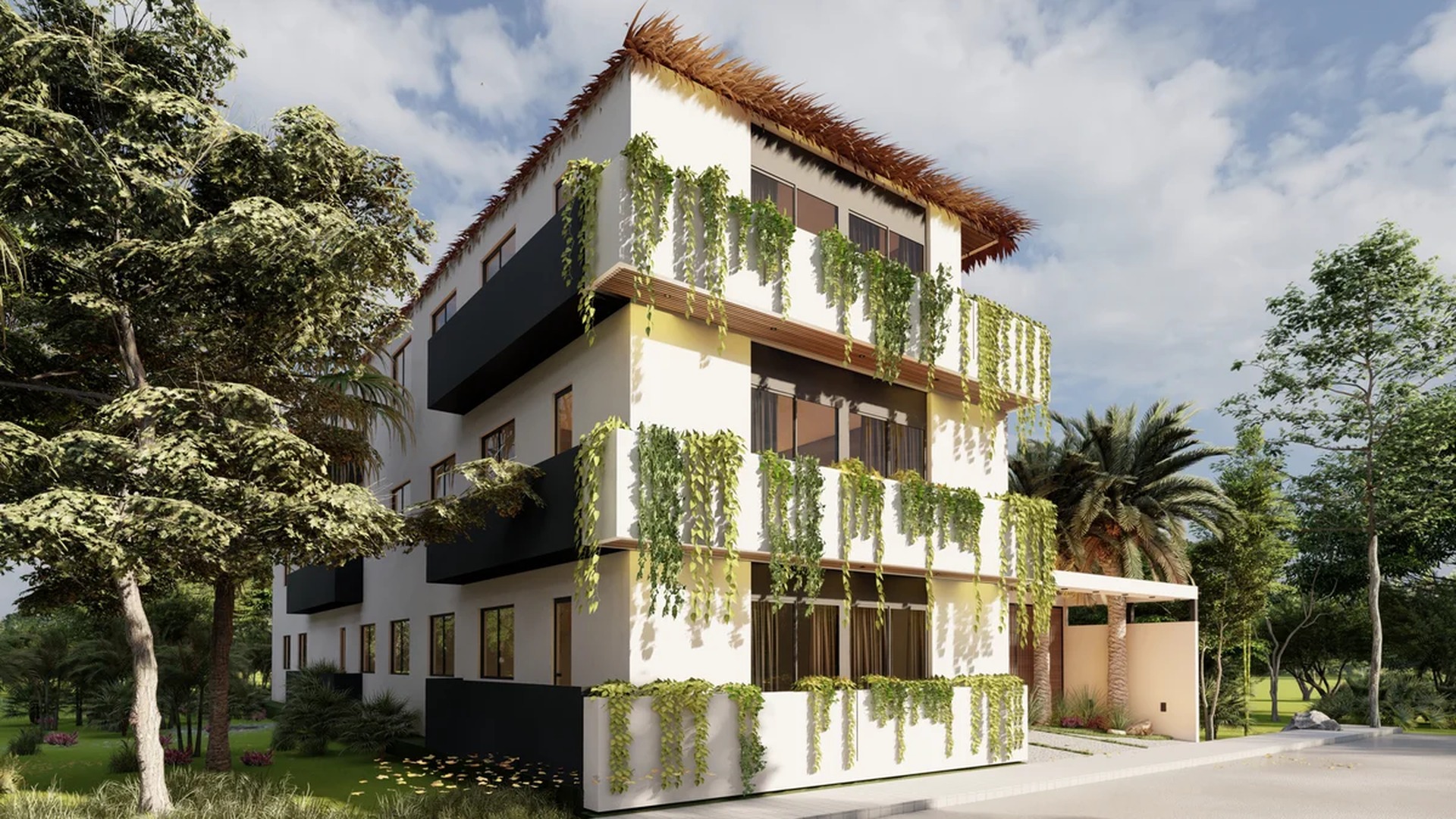 Image of a Tropical Modern Architecture, featuring Thatched Roof and Private Balconies.