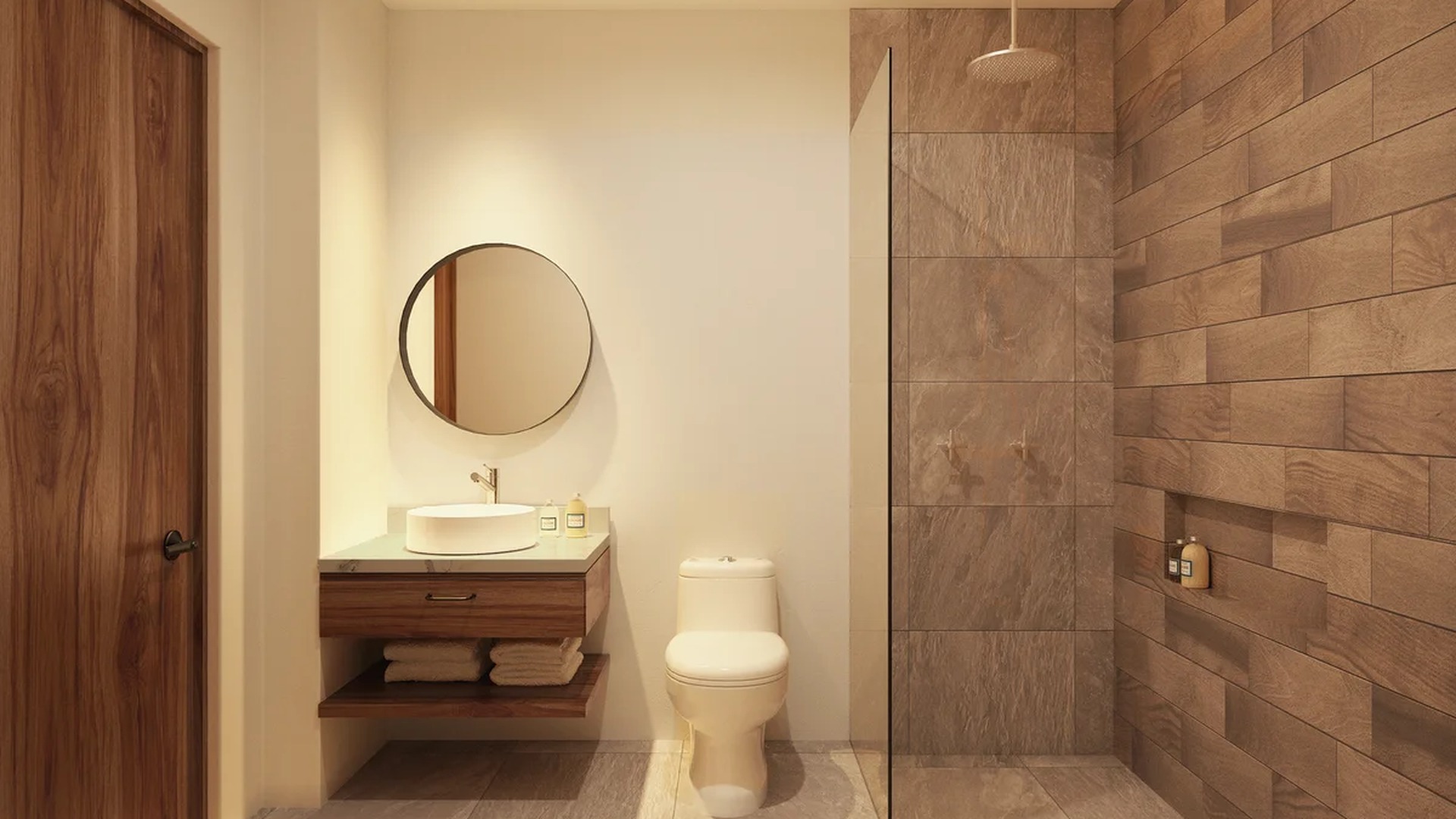 Image of a Modern Bathroom, featuring Walk-in Shower and Rainfall Showerhead.