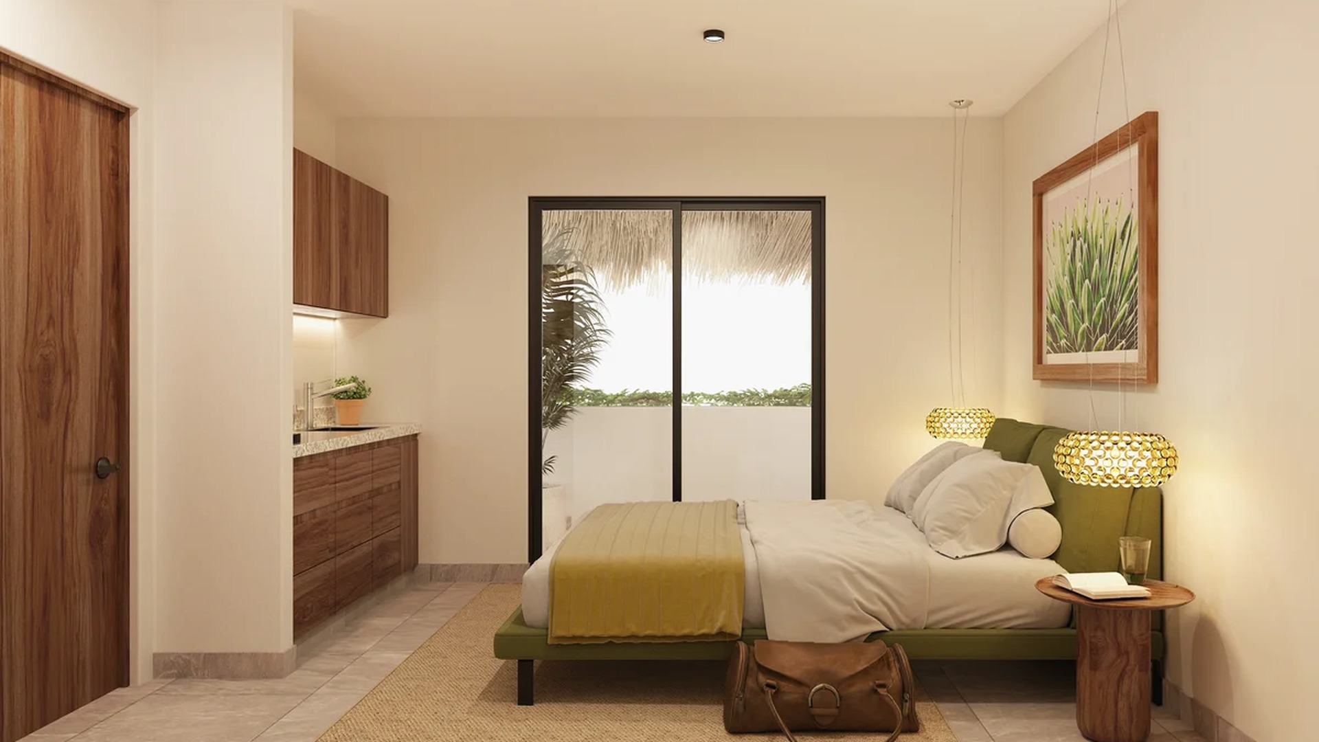 Image of a Studio Apartment, featuring Kitchenette and Wood Cabinetry.