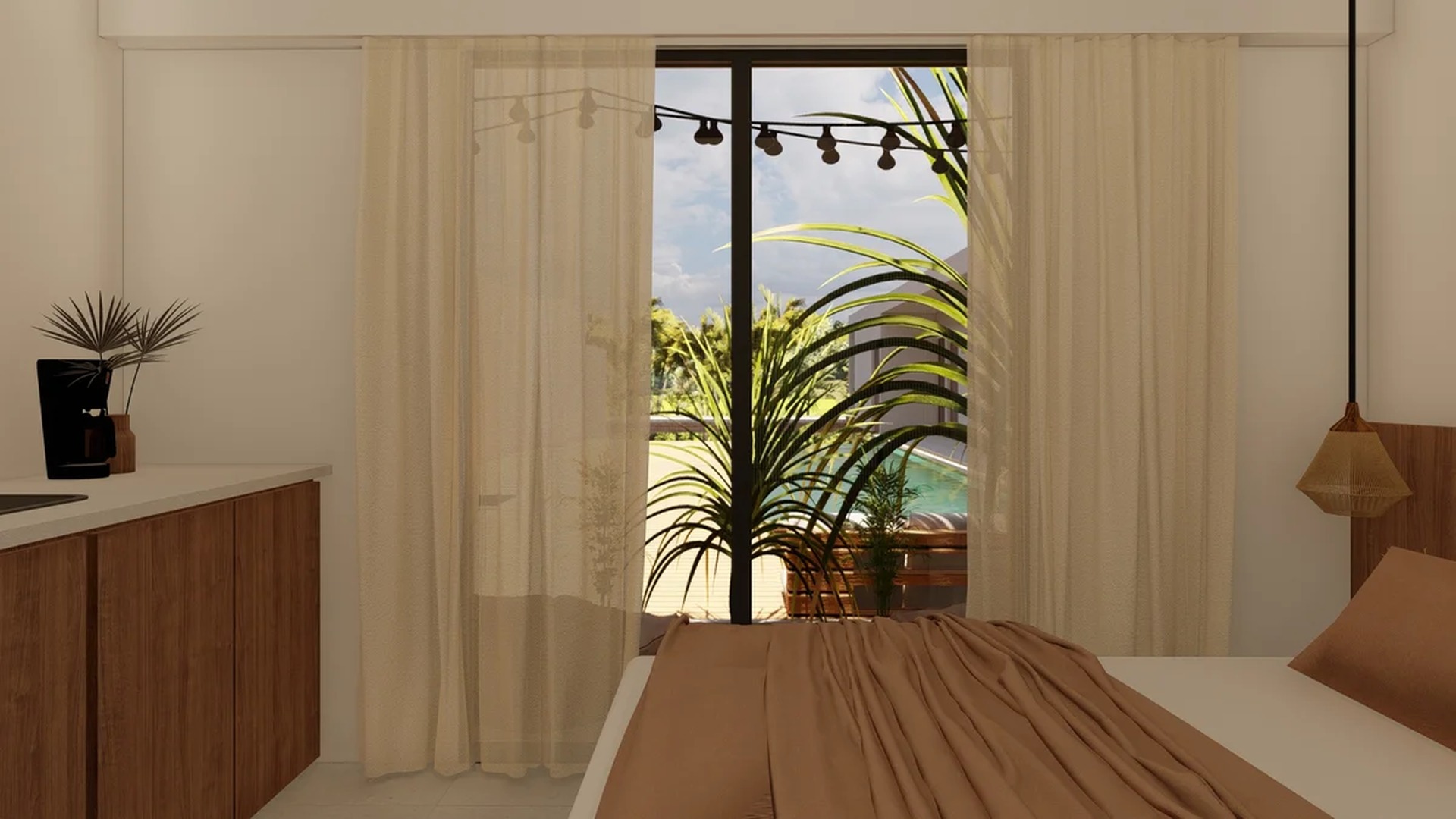 Image of a Bedroom, featuring Pool View and Sliding Glass Door.