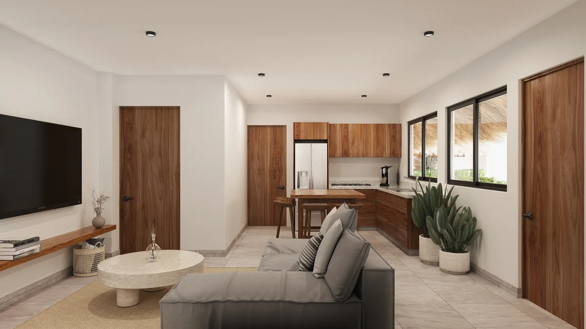 Image of a Open-Concept Living, featuring Modern Kitchen and Natural Wood Accents.