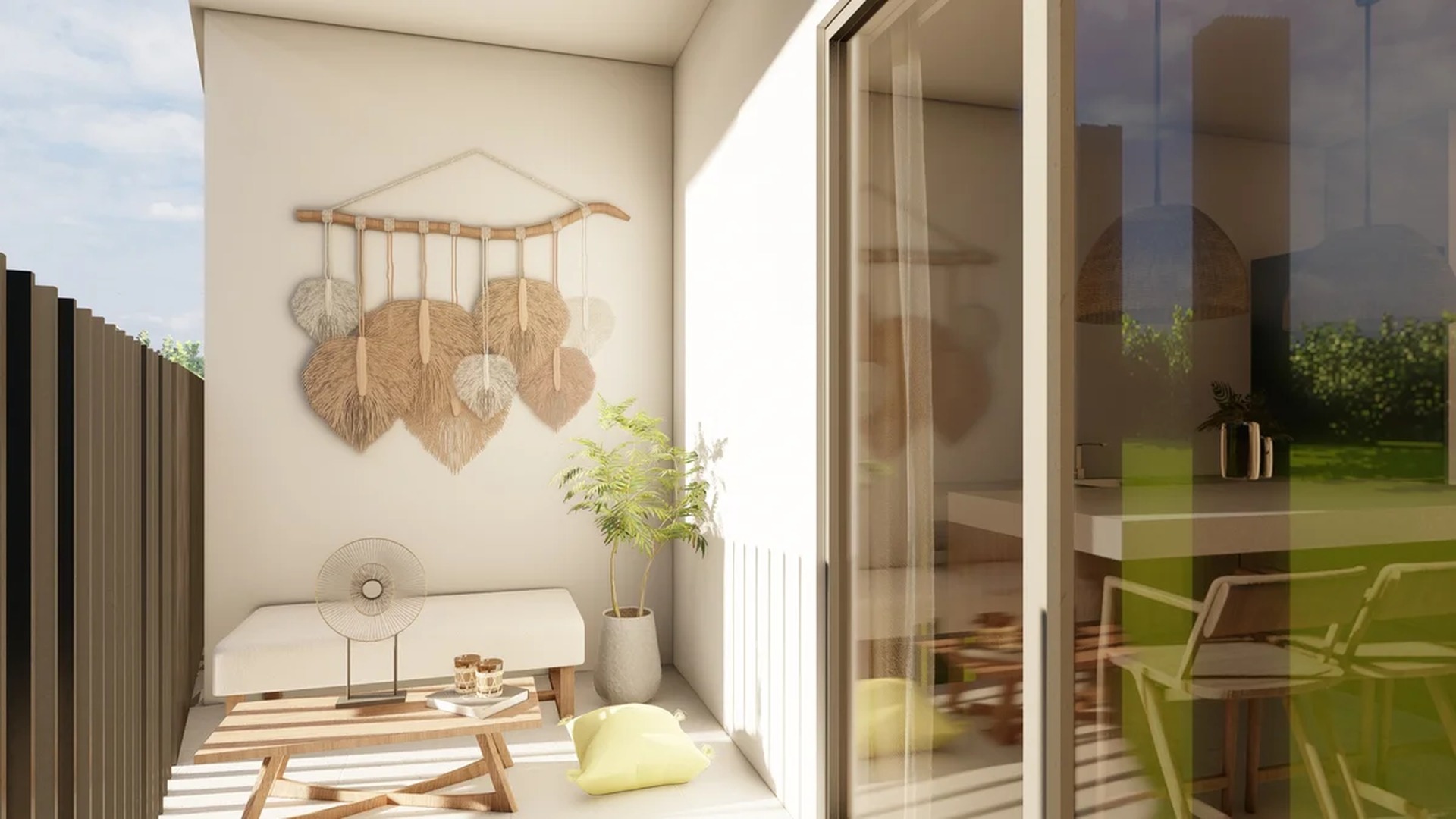 Image of a Private Balcony, featuring Bohemian Decor and Outdoor Seating Area.