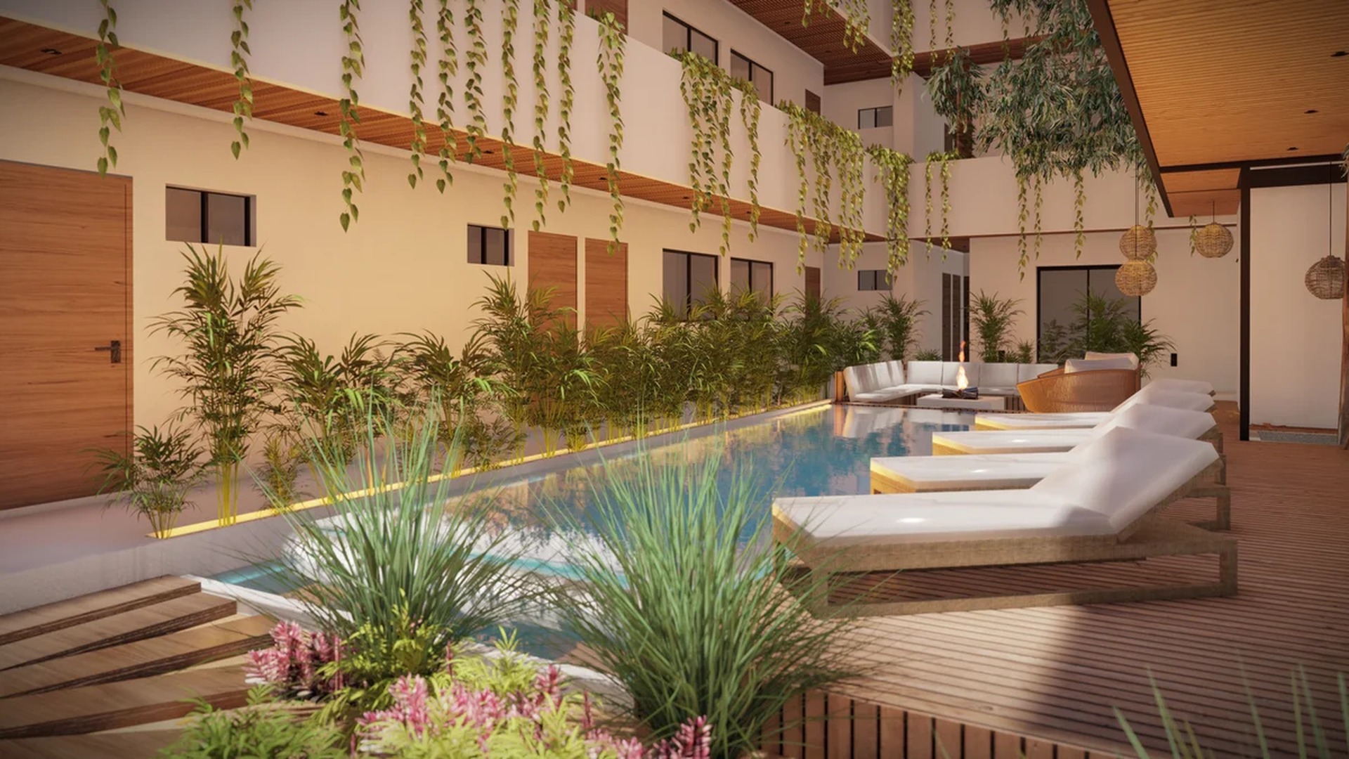 Image of a Resort-Style Pool, featuring Central Courtyard and Wooden Sun Deck.